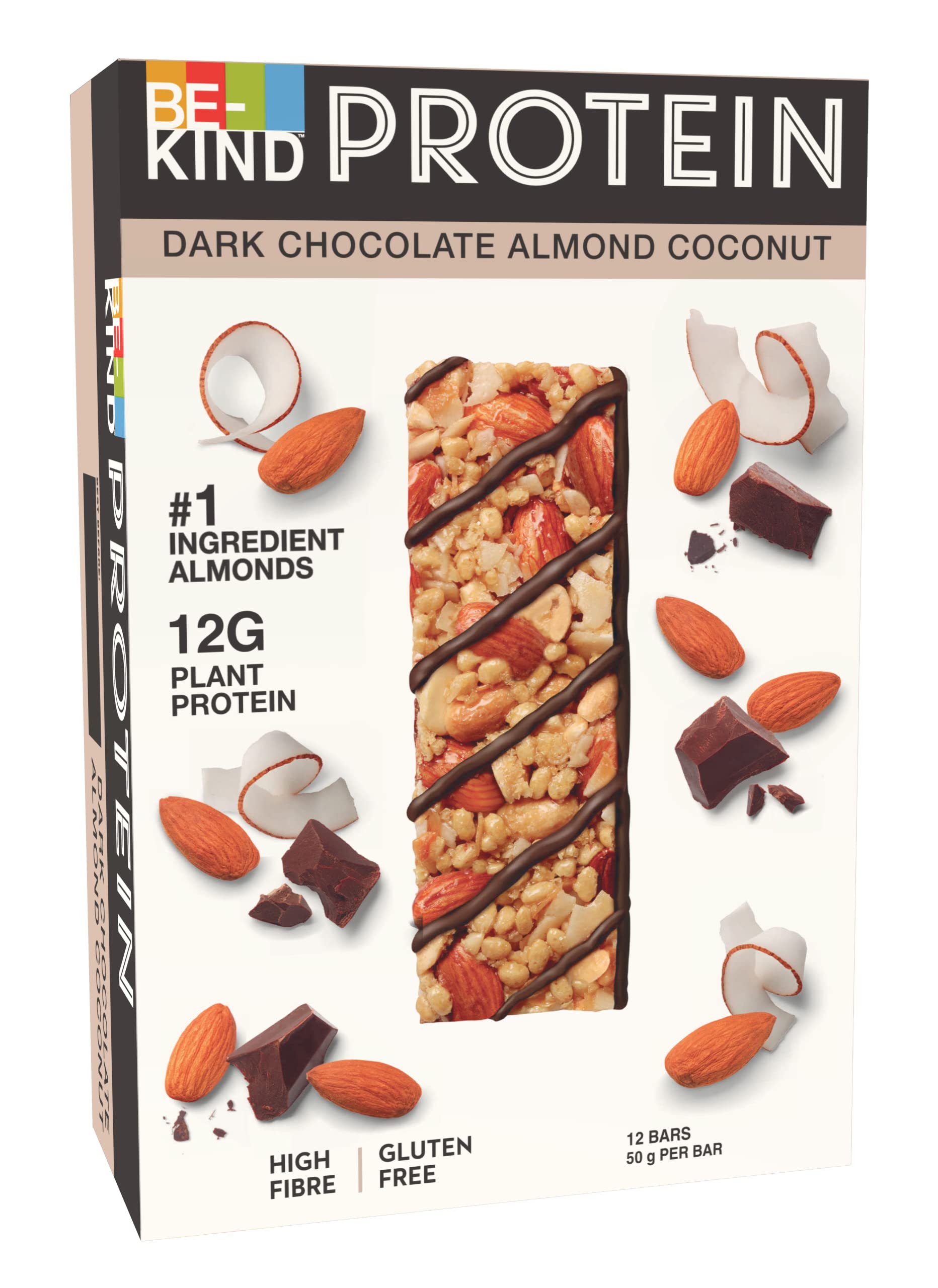 BE-KINDDark Chocolate Almond Coconut Protein Bar, 12g Plant Protein, Gluten Free Snacks, No Preservatives No Artificial Colors No Sweeteners, Pack of 12x50g