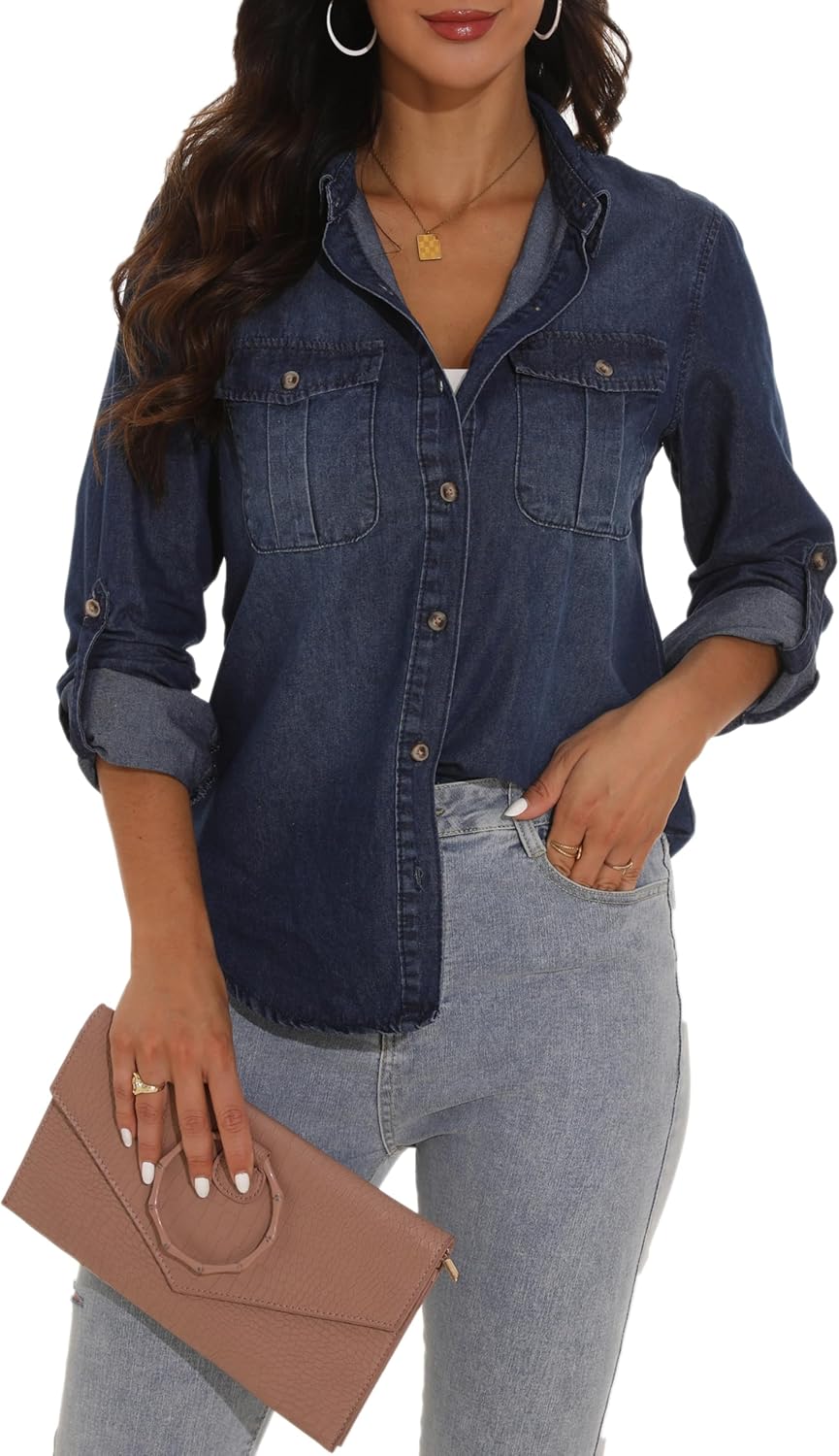 GUANYY Womens Denim Button Down Shirt Long Sleeve V Neck Jean Shirts Western Chambray Blouse Top - Image 7