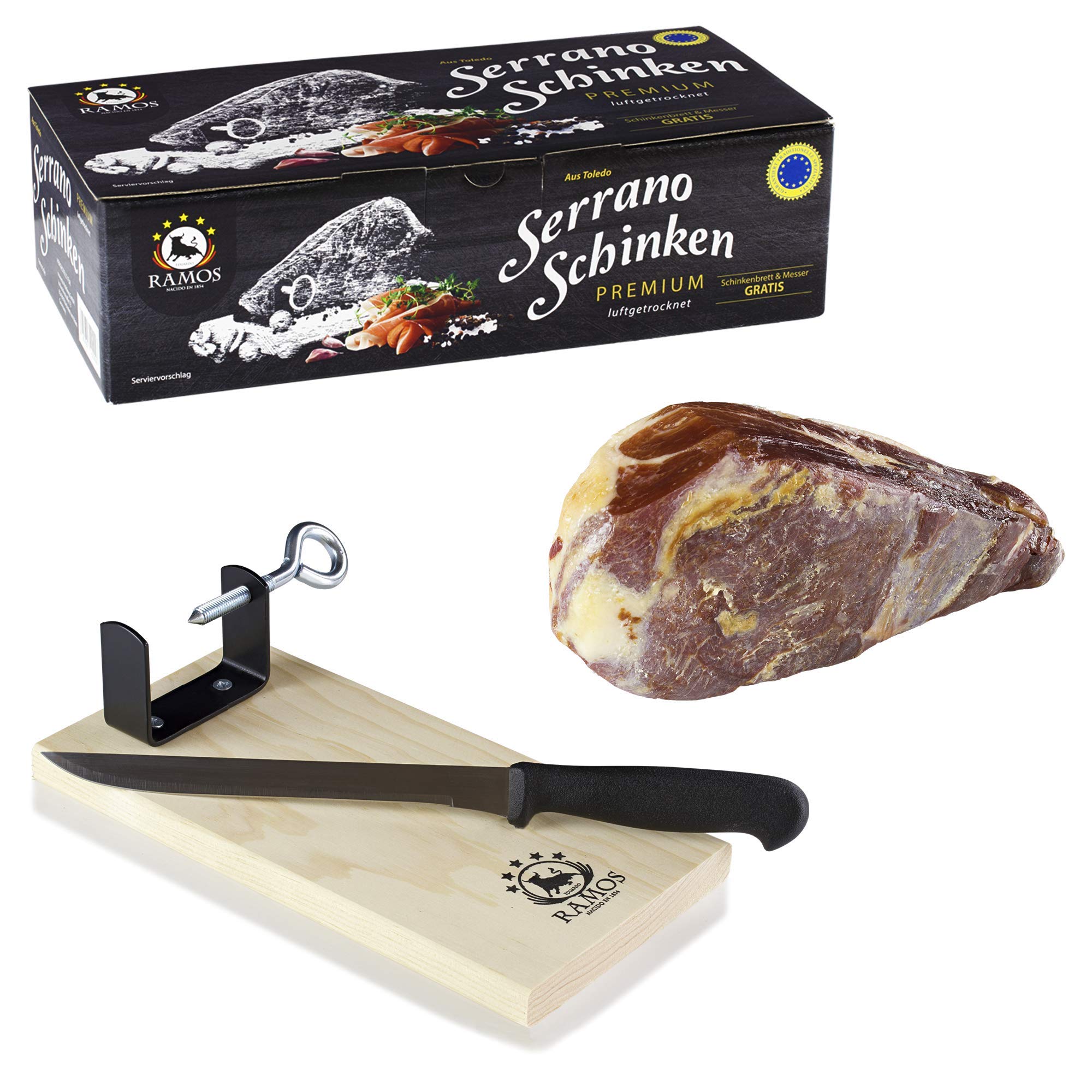 RAMOS Premium Serrano-Schinken | 1kg im Geschenkkarton | Schinkenbrett und -messer gratis | Oro reserva
