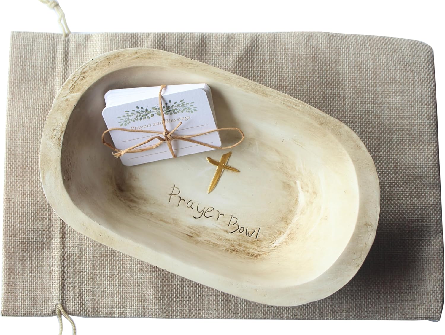 Fight Club wood Prayer Dough Bowl, congregation gifts Christian Easter and Christmas Cross Religious Gifts,Farmhouse Decor Rustic with 24 Blessing Prayer Cards with Linen Bag (2set)