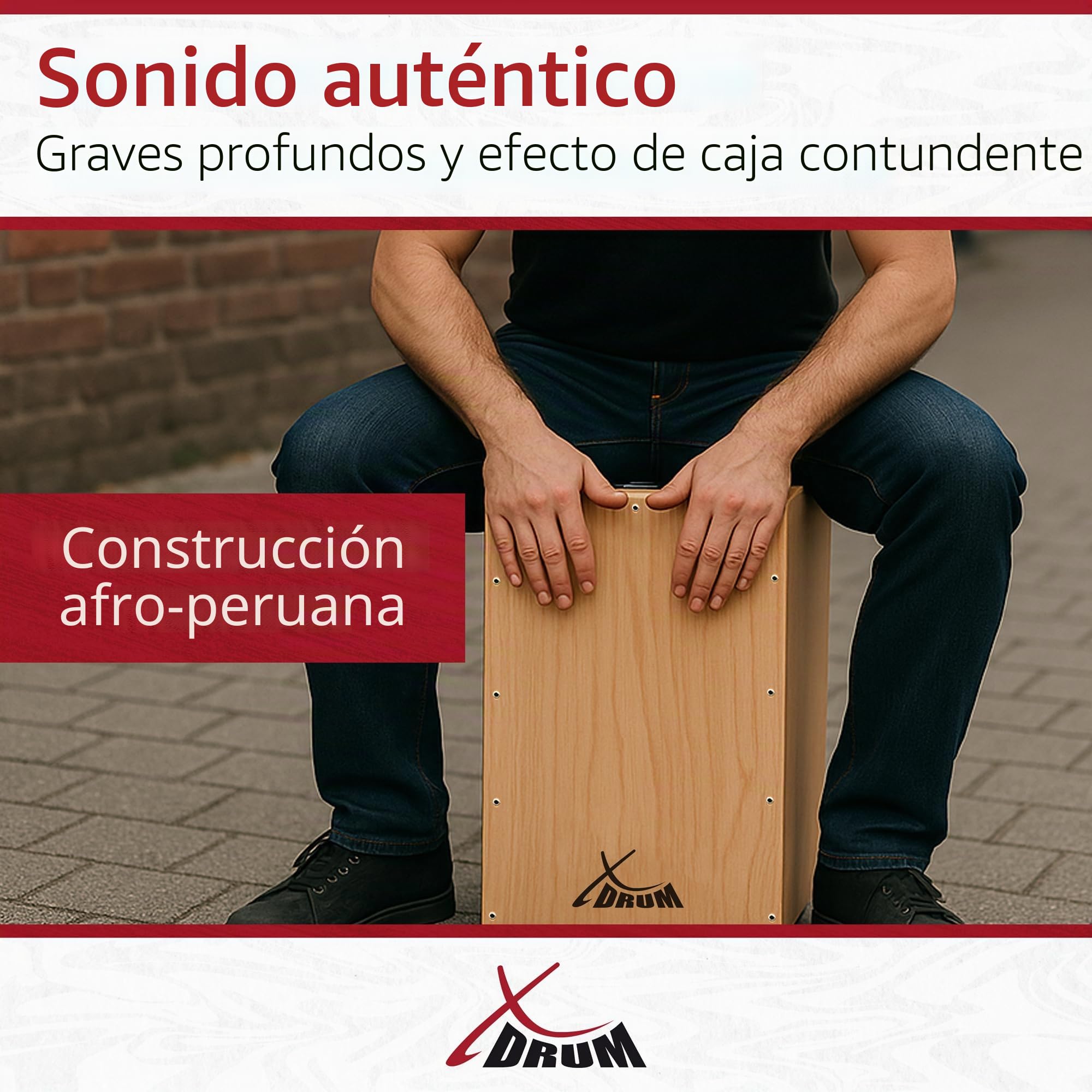 XDrum Cajon Primero Natur incl. escuela de cajón y bolsa, Cuerpo: tilo | Superficie de golpe: tilo, Frontal atornillado, Construcción afro-peruana, Orificio de sonido en la parte trasera, Peso: 3