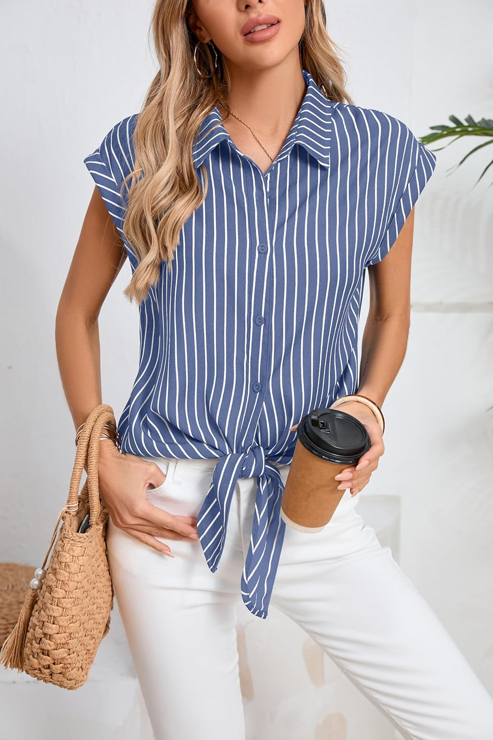 Women's Striped Button Down Shirts Short Cap Sleeve Tie Front Blouse Summer Casual Tops - Image 2