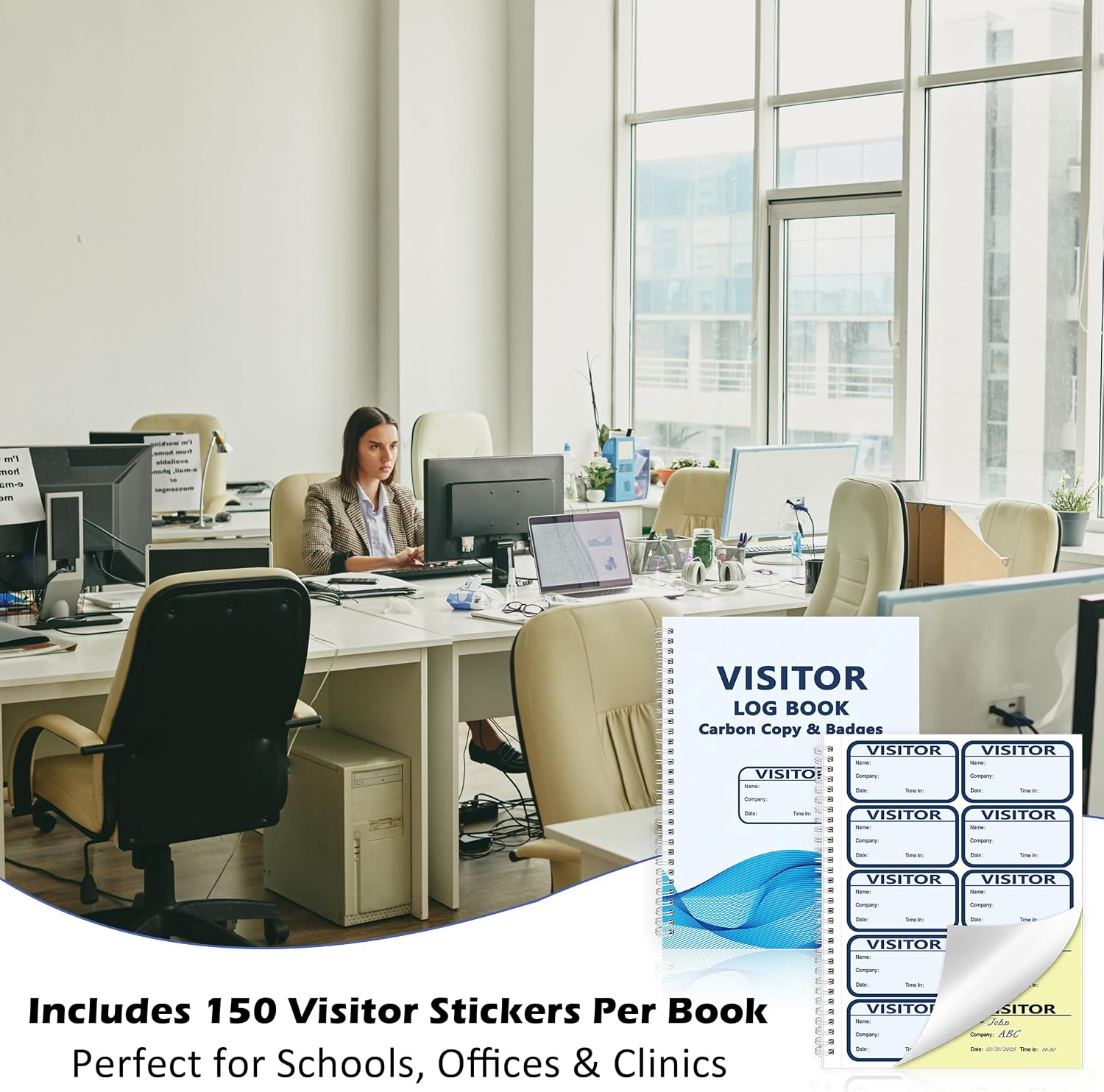 3 Pack Visitor Badges with Carbon Copy Visitor Stickers Letter Size Visitor Log Book Protecting Privacy Pages for School Church Business Visitor Pass Stickers 450 Visitor Badges 90 Memo Pages (3)