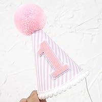 Vista 6 de Sombrero de fiesta de primer cumpleaños rosa y blanco - Corona de primer cumpleaños para niña con accesorios para fotos para decoraciones y vestidor