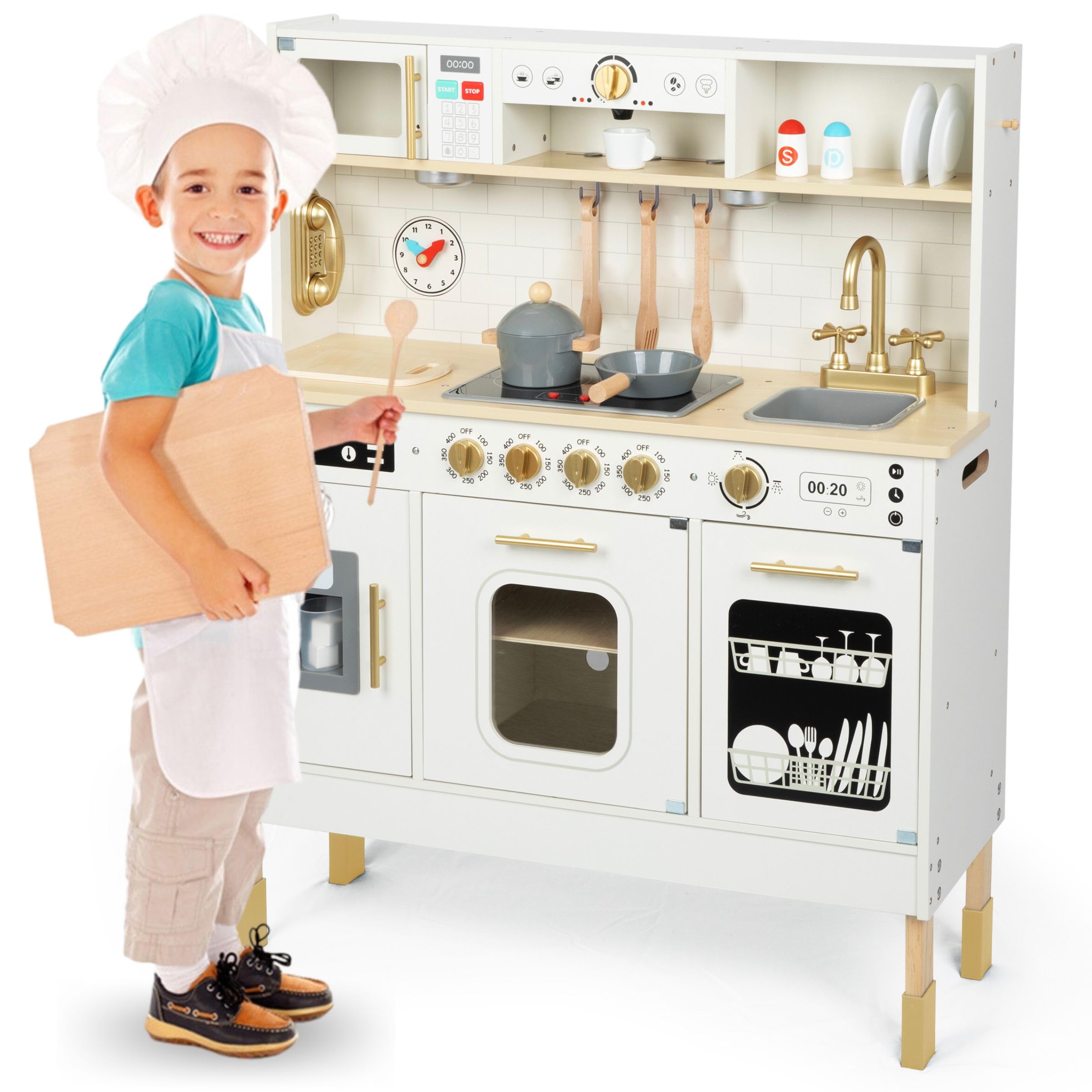 Mamabrum Cocina de Juguete para Niños de Madera con Luces LED - Juguetes Cocina Niños Interactiva con Altura Ajustable - Incluye Microondas, Lavavajillas y Accesorios - 104cm