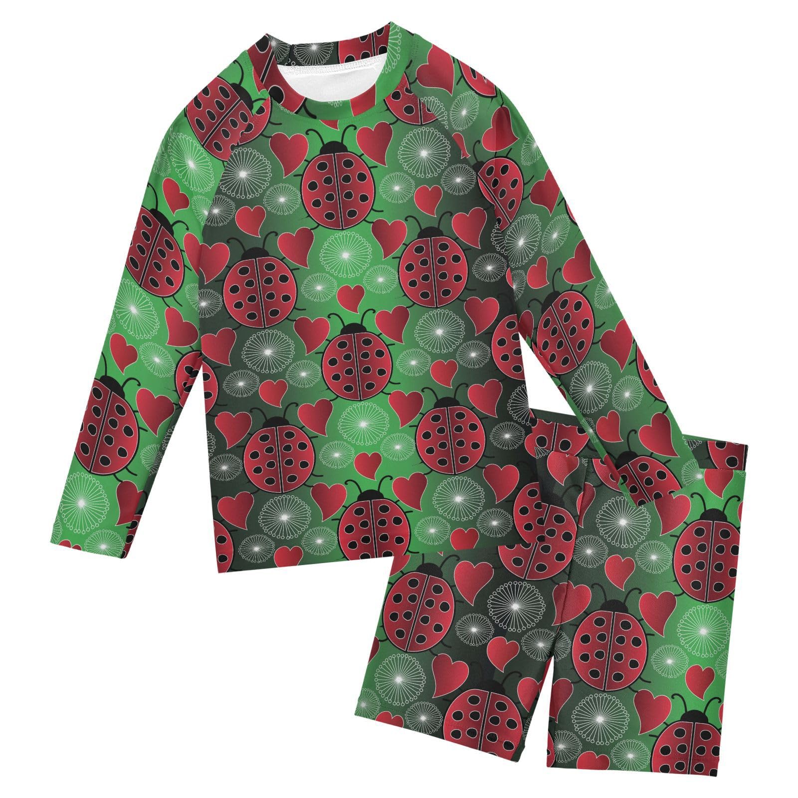 Aflyko Kids' Bathing Suit Set Ladybug Heart Red Green Long Sleeve Swim Tops with Shorts Summer Vacation Pool Party Rashguard Fun Cute Toddler Infant Beachwear, 4T
