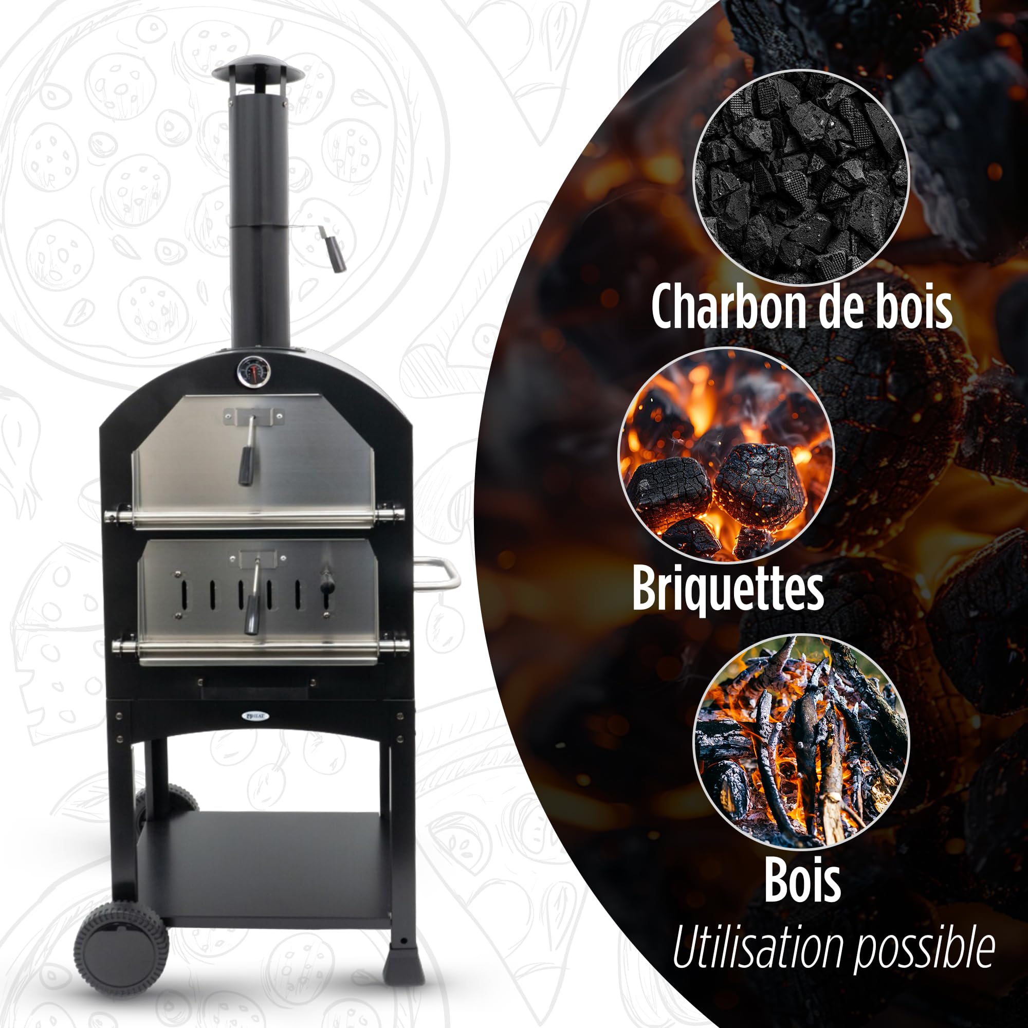 Four à Pizza HEAT Outdoor Living Ovnhus Noir Multifonctionnel Gril Barbecue Bois Charbon Briquettes Extérieur 50x36x160 cm