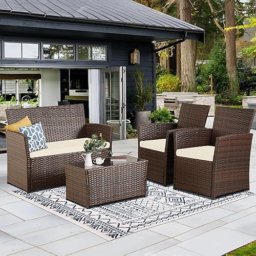 4 Piece Patio Furniture Set,Outdoor Wicker Conversation Sets,Rattan Sectional Sofa w/Coffee Table,Seat Cushions for Backyard Porch Garden Poolside - Brown Wicker/Beige Cushions