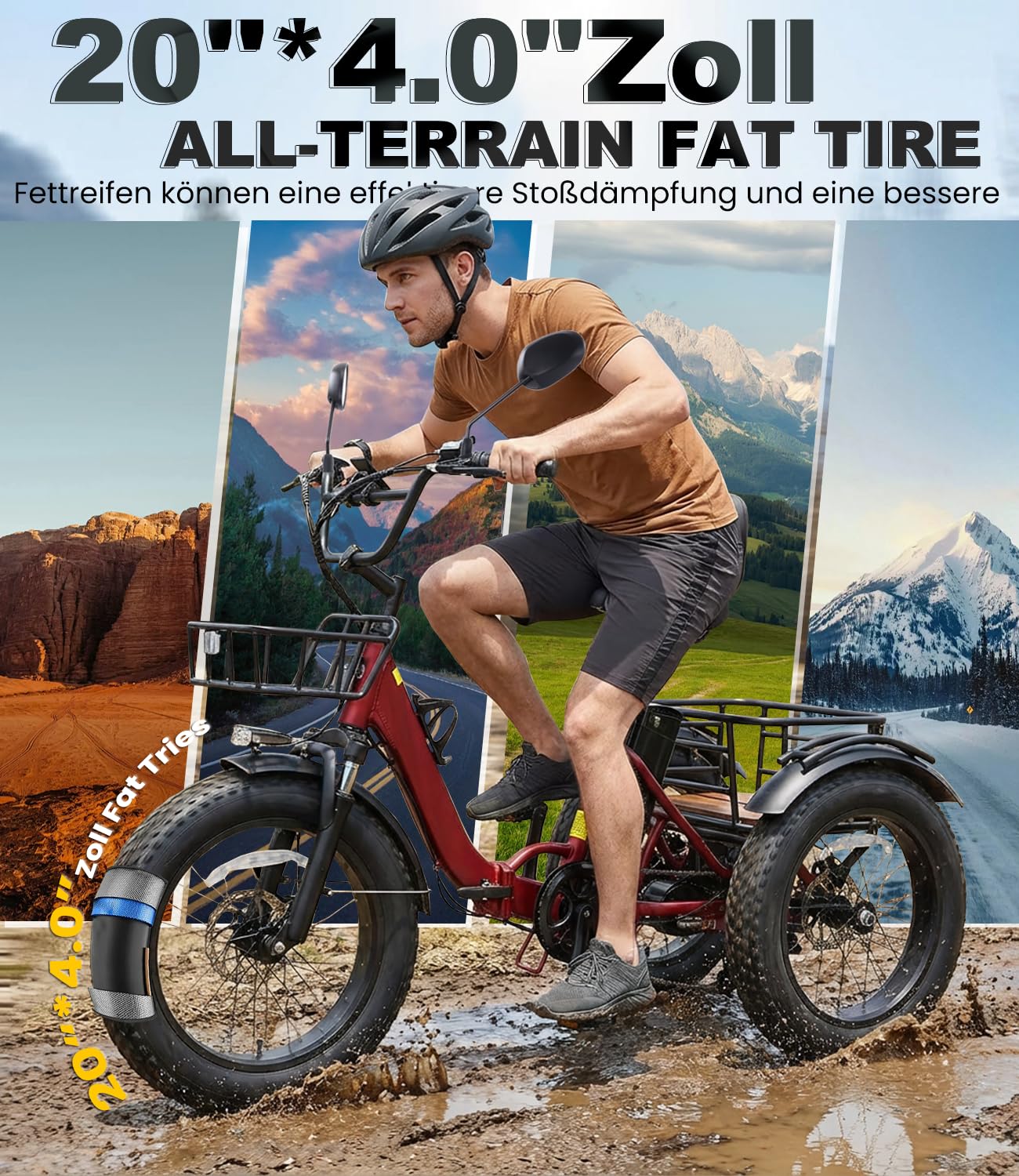 KAKIGO Elektro-Dreirad Für Erwachsene,Fat Tires Elektro-Dreirad,250W Motor,95 Nm,48V 18/10.4Ah Akku,20 Km/h, Vorder-&Hinterkorb,Differenzial,90/50Km Reichweite,Differential