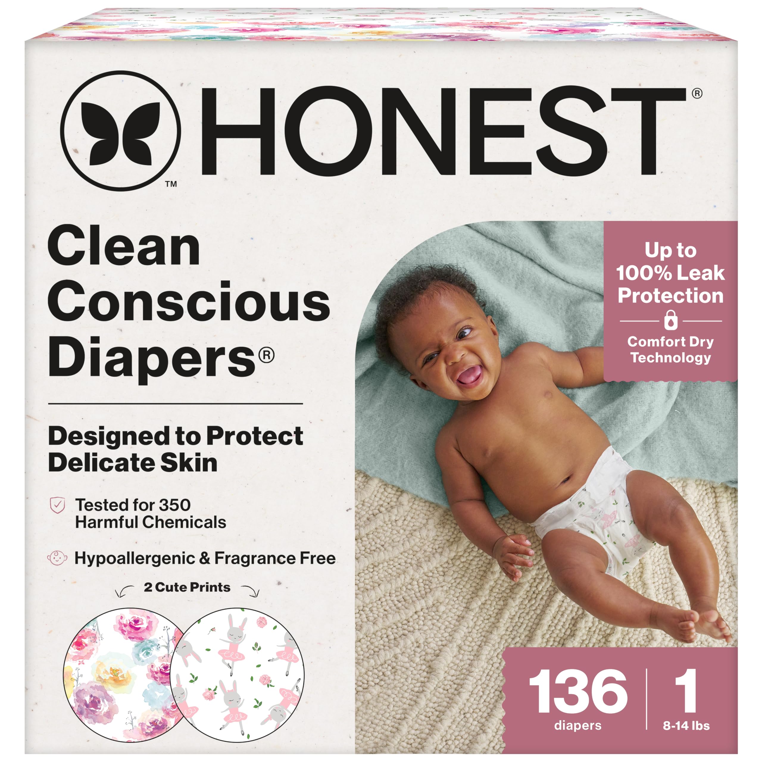 The Honest Company Clean Conscious Diapers | Plant-Based, Sustainable | Rose Blossom + Tutu Cute | Super Club Box, Size 1 (8-14 lbs), 136 Count