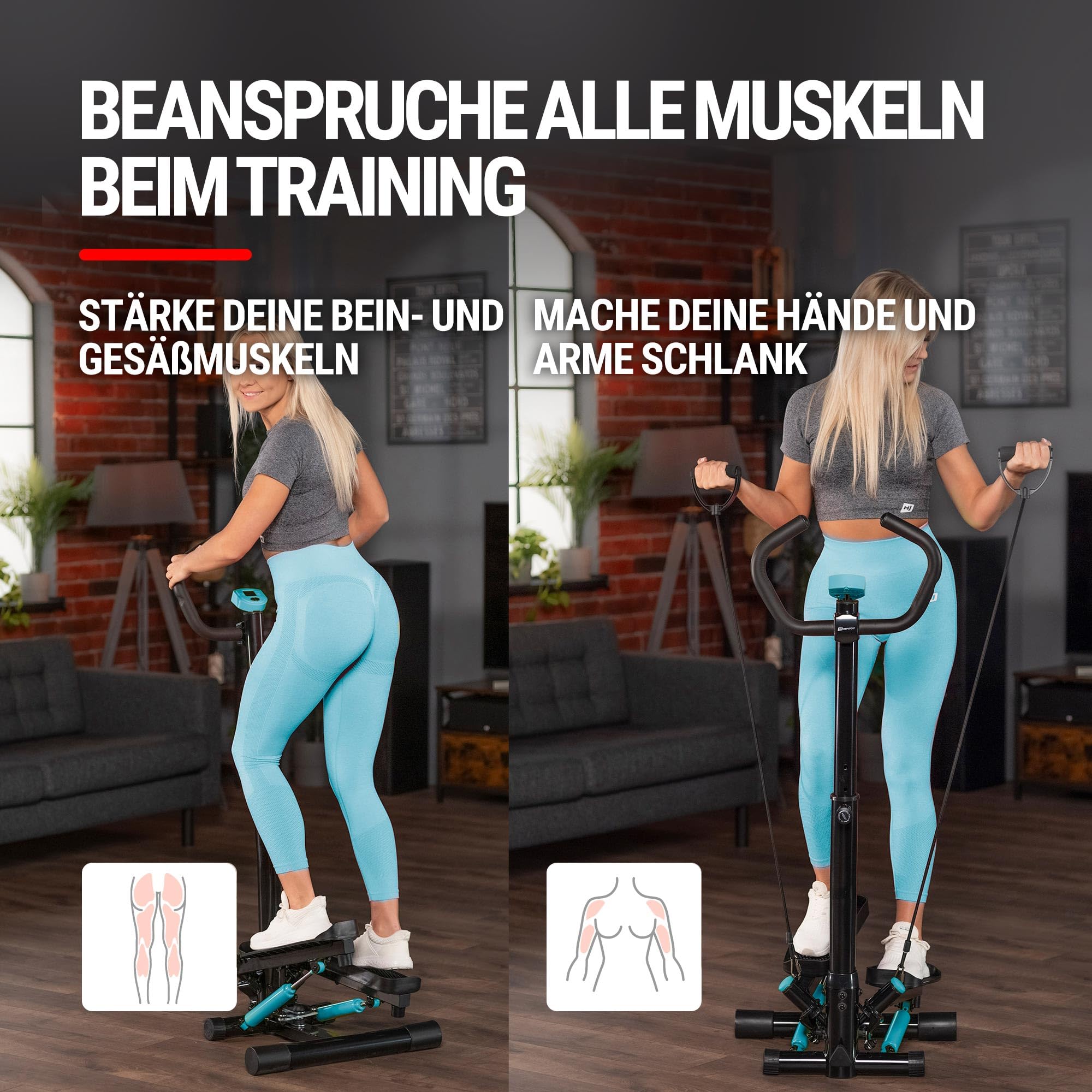 Hop-Sport Stepper Noble mit Lenker, Trainingscomputer & Expandern für Zuhause, Stabil & Kompakt, Ideal für Fitness & Cardio Workouts, Max. Benutzergewicht 100 kg