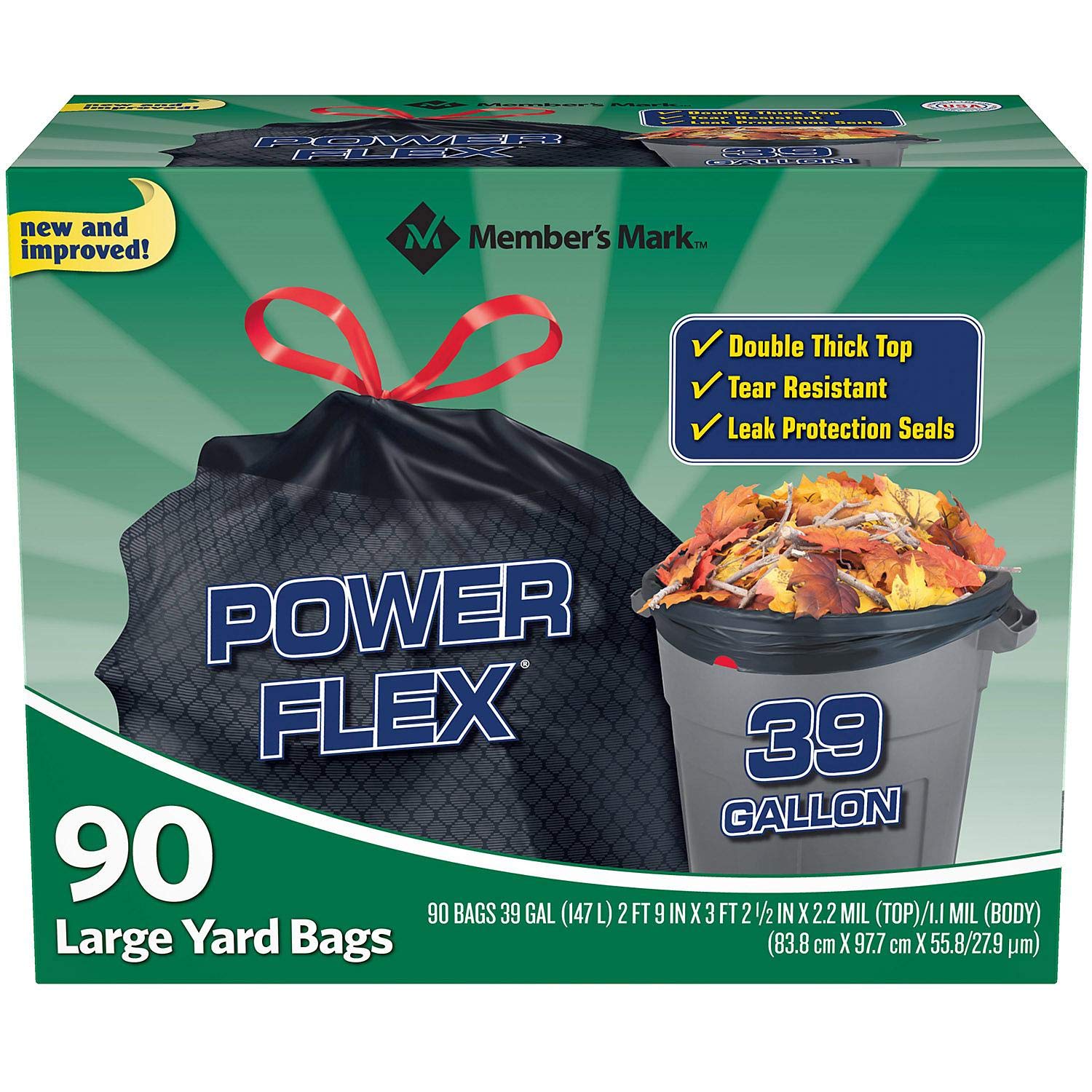 Member's Mark 39 gal. Power-Guard Yard Drawstring Trash Bags, 1 Pack, 90 Count