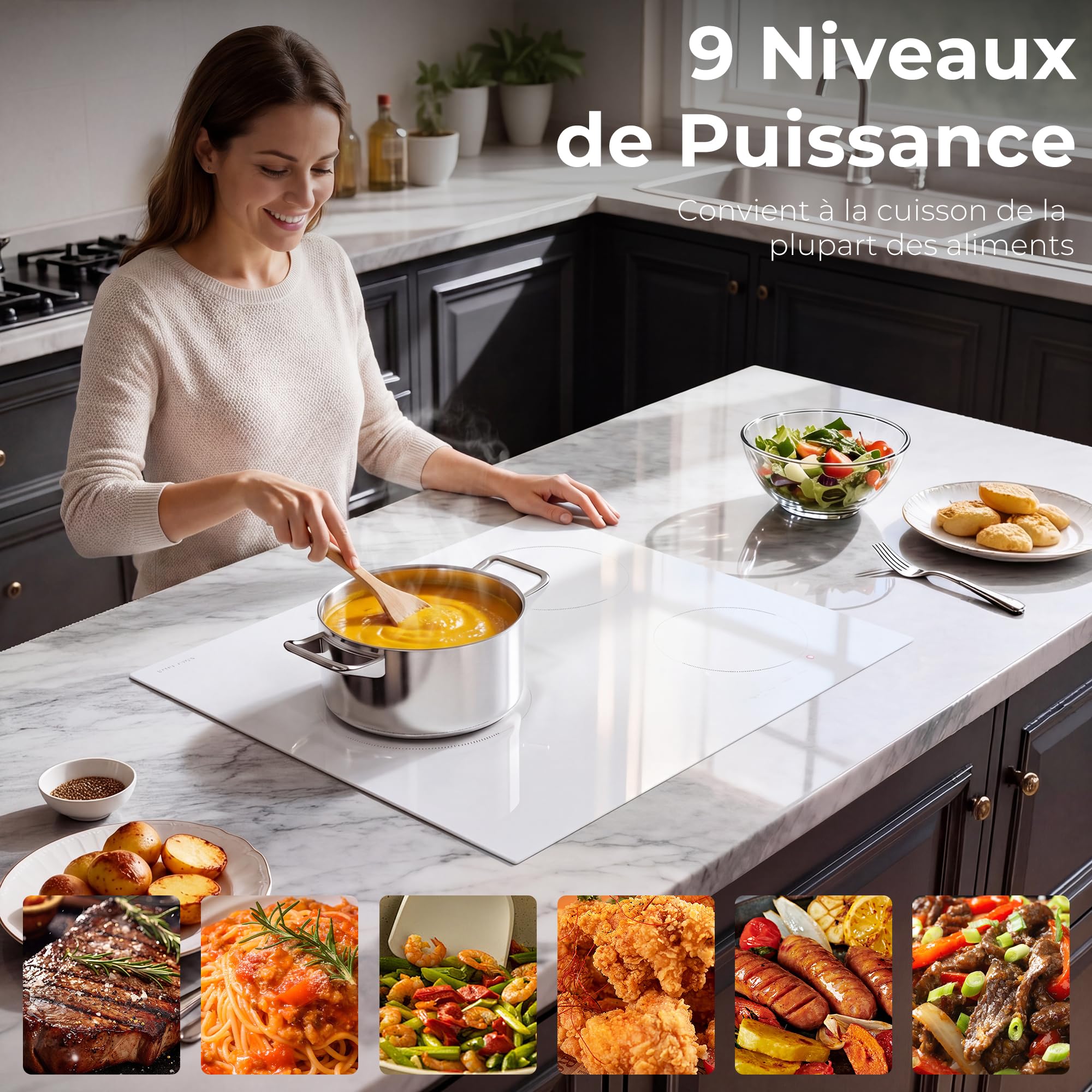 Karinear Plaque Induction Blanc 3 Feux avec Prise | Plaque de Cuisson Induction Encastrable 59CM, 3500W, Commande Tactile, Boost, Verrou de Sécurité, Minuterie, 220V