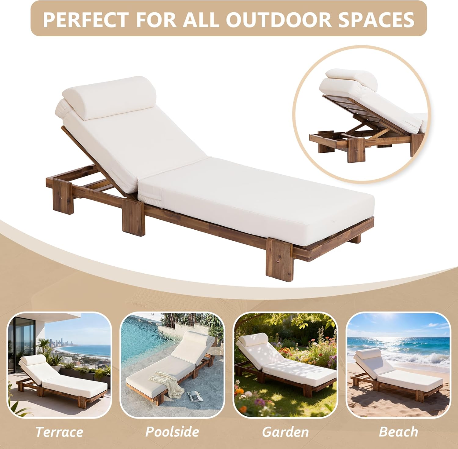 Merax 78.8'' Outdoor Patio Chaise Lounge Chair, Acacia Wood Adjustable Recliner with Headrest and Retractable Side Tray, Perfect for Terrace, Poolside, Garden, and Beach, Beige