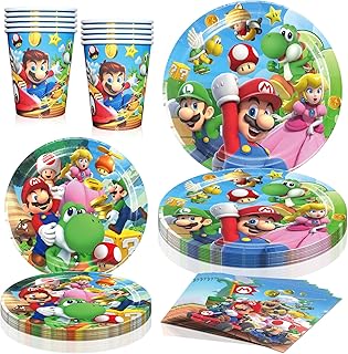 80 PCS Mario Tableware Sets, Birthday Party Supplies Paper Plates and Napkins Set Includes 40 PCS Plates, 20 PCS Napkins, 20 PCS Cups for Mario Party Decorations