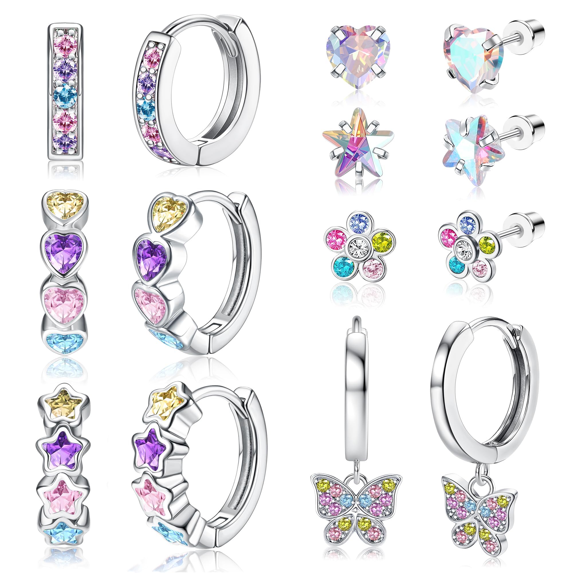 JeweBella Set 4 Paia Orecchini A Cerchio Piccoli Per Bambina E Donna: Cuore, Farfalla, Stella E Zircone – Ipoallergenici