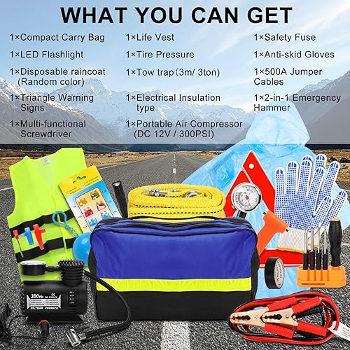 Miniatura 2 de Kit de seguridad para automóvil, kit de emergencia de 14 piezas, kit de emergencia para vehículos con cables de puente, kit de emergencia para