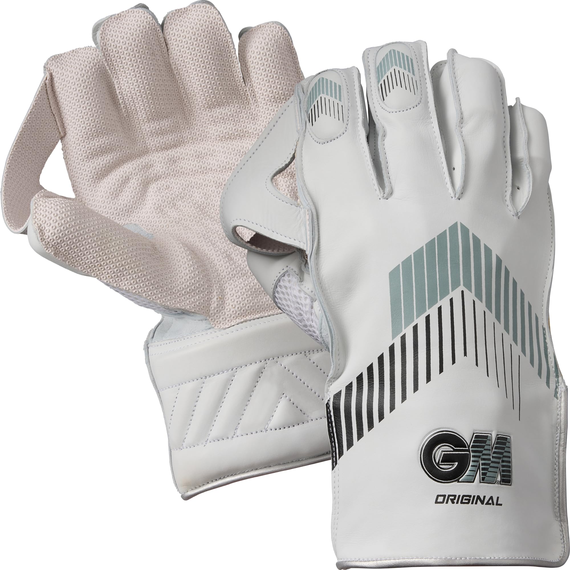 Gunn & Moore GM Original Cricket Wicket Keeper Keeping Gloves | Aniline Leather Back of Hand | Octopus Grip Rubber Palm Facing | Large Adult | 1 Pair | White with Grey & Black Chevron