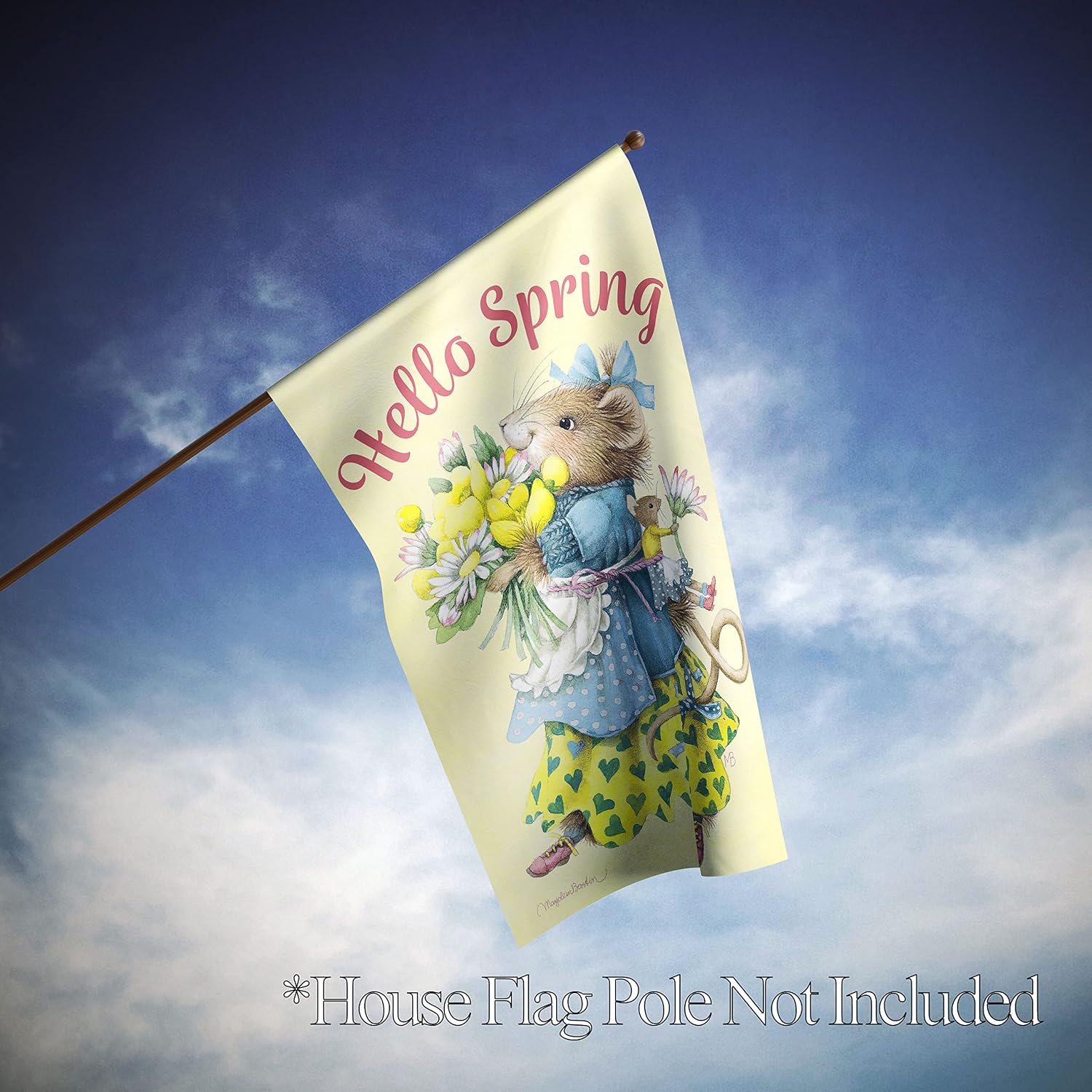Flagology.com, Marjolein Bastin Hello Spring Vera the Mouse – House Flag 28" x 40", Outdoor Flag, Exclusive Premium Fabric, Spring