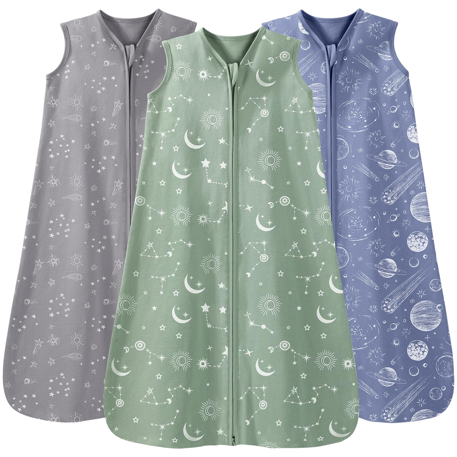 Unnivoll Set di 3 Sacco Nanna per Bambini 100% Cotone Sacco a Pelo Estivo 0.5 TOG Sacco Nanna per Neonato Ragazze e Ragazzi 18-24 Mesi Costellazione grigio verde
