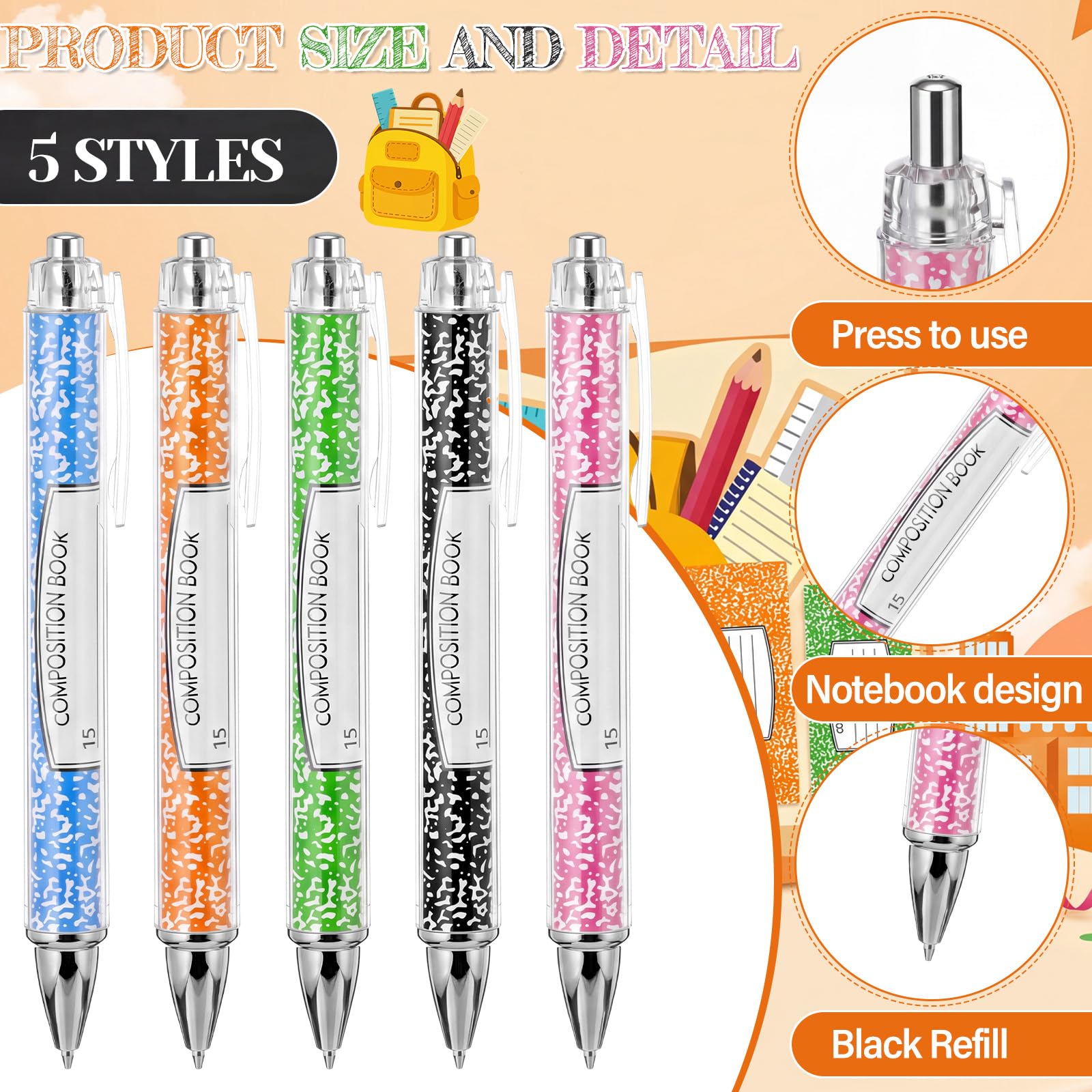 Dispowreath 50 szt. długopisów Welcome Back to School Bulk Ballpoint Pens First Day of School Composition Notebook Style Party Favors czarny atrament wkład do nagród w klasie