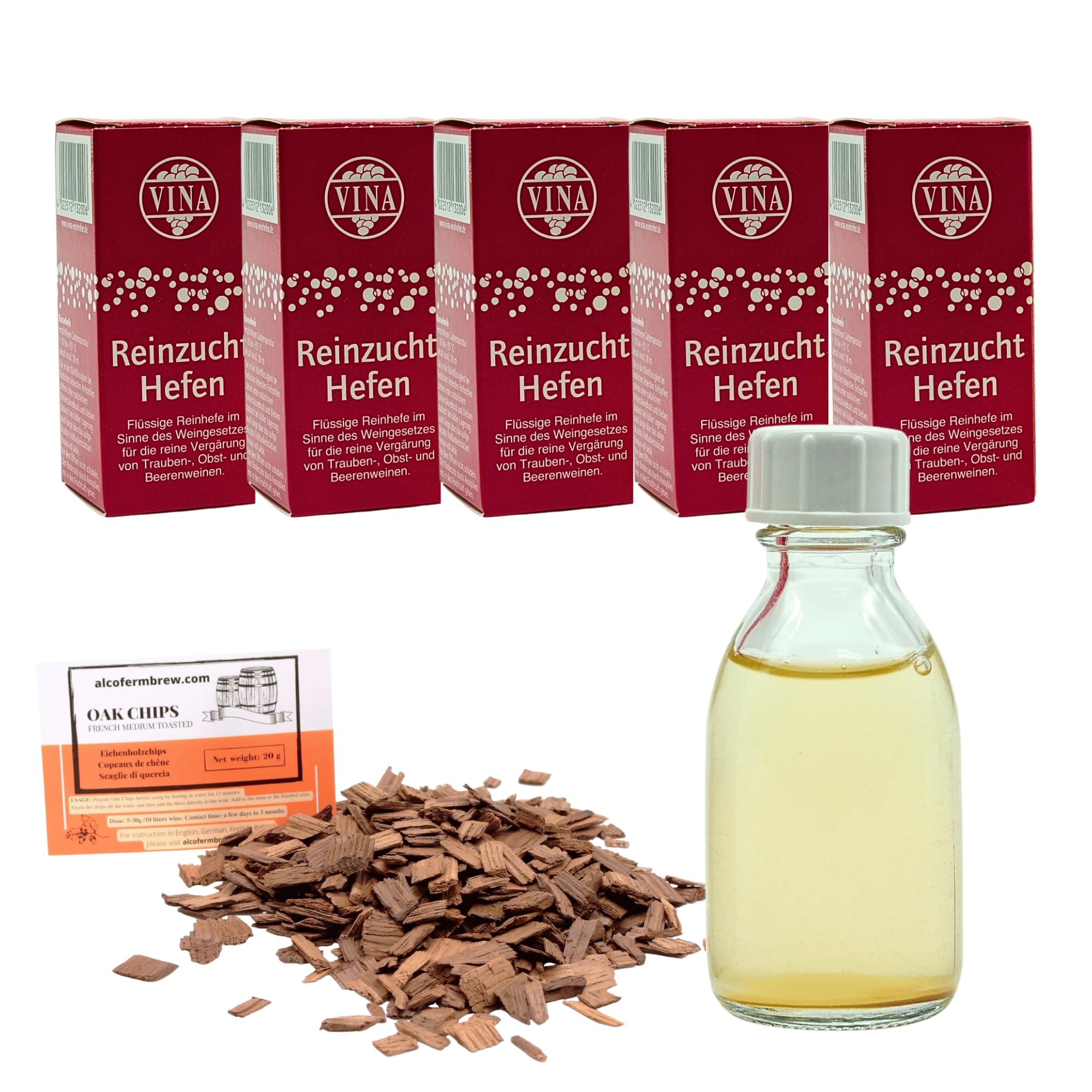 5 x Steinberg Weinhefe 28ml für 100L - Vina Wein Hefe, Hefe für Wein, Wein Flüssighefe, Gärhefe, Eichenholz Chips