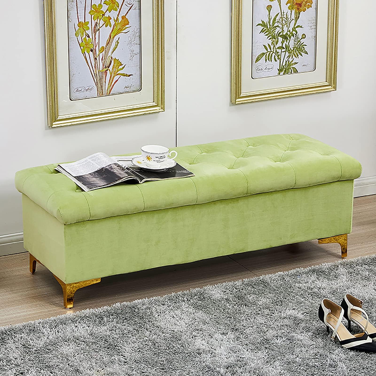 Banco otomano Moderno con Almacenamiento, reposapiés tapizado de Primera Calidad para Sala de Estar y Dormitorio, Color Verde Claro, Taburete Multifuncional para Zapatos (61 x 46 x 41 cm).