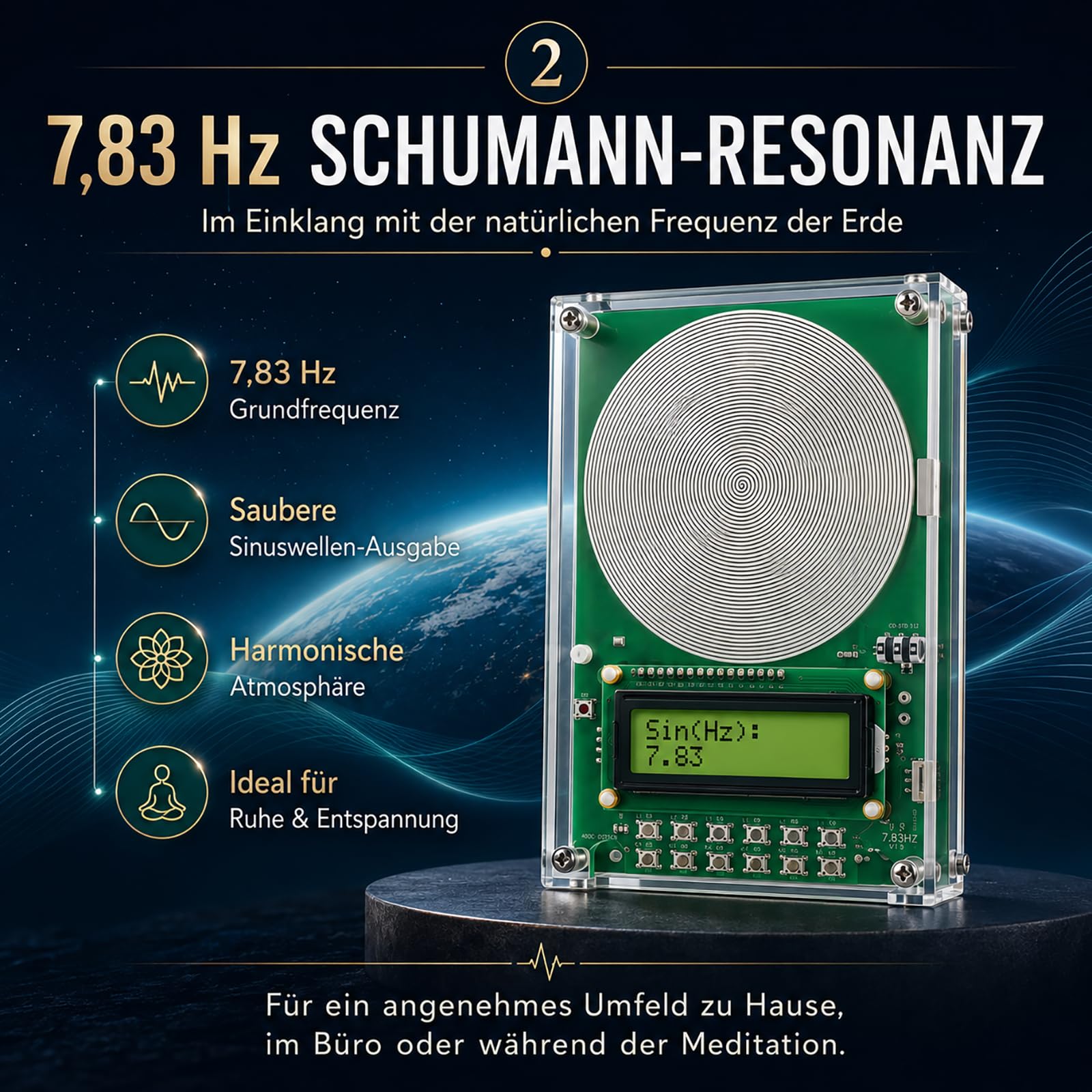 Schumann Frequenz Generator 7,83Hz mit Erweiterungsantenne, Einstellbar 0,01–200.000 Hz, Tragbarer Generator für natürliche Sinuswellen für Einschlafhilfe, Meditation, Stressabbau