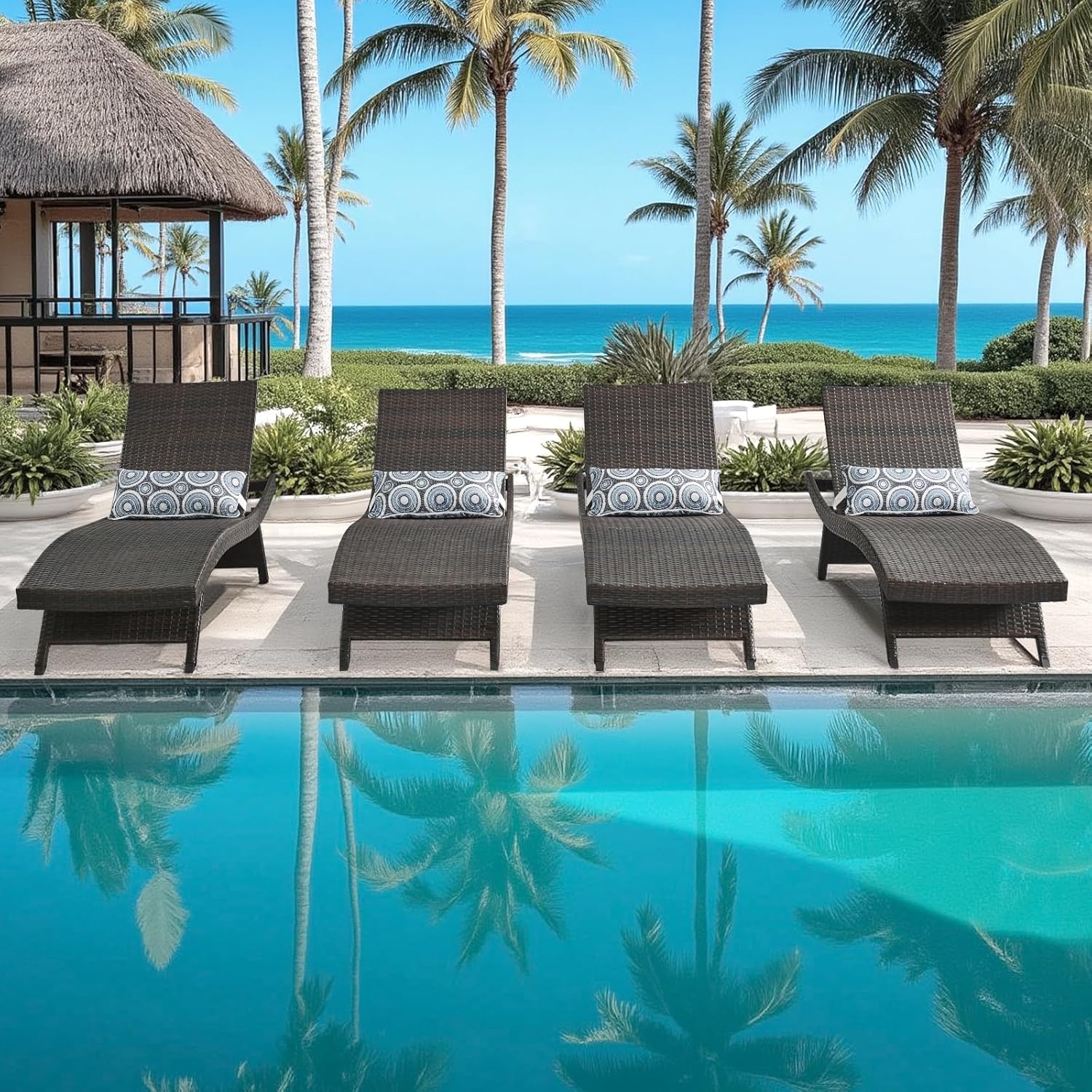 79'' Long Reclining Chair Set of 2 with Cushions, Adjustable Patio Chaise Lounge Chair, Outdoor Wicker Lounge Chair, PE Rattan Lawn Sunbathing for All Weather, Beach Poolside Garden Backyard, Brown
