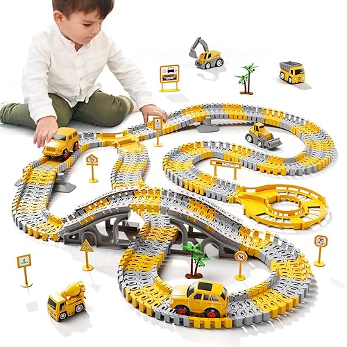 iHaHa Toddlers Construction Race Tracks Toys Gifts for 3 4 5 6 Years Old Boys Kids, 2PCS Electric Race Cars & 4 Pcs Construction Trucks, Birthday Gift Toys for Boys 2 3 4 5 6+
