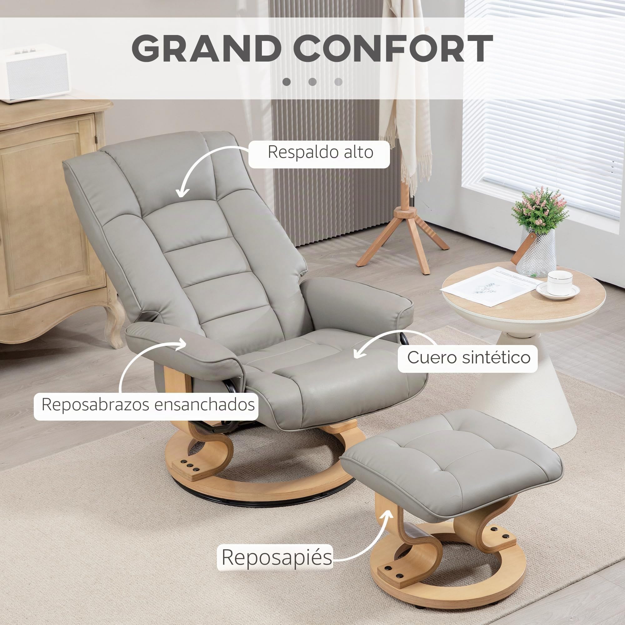 HOMCOM Sillón reclinable con otomana 360° Giratorio, Gris | Respaldo alto, estructura de madera, sillón de TV, reclinable, cuero sintético, para salón