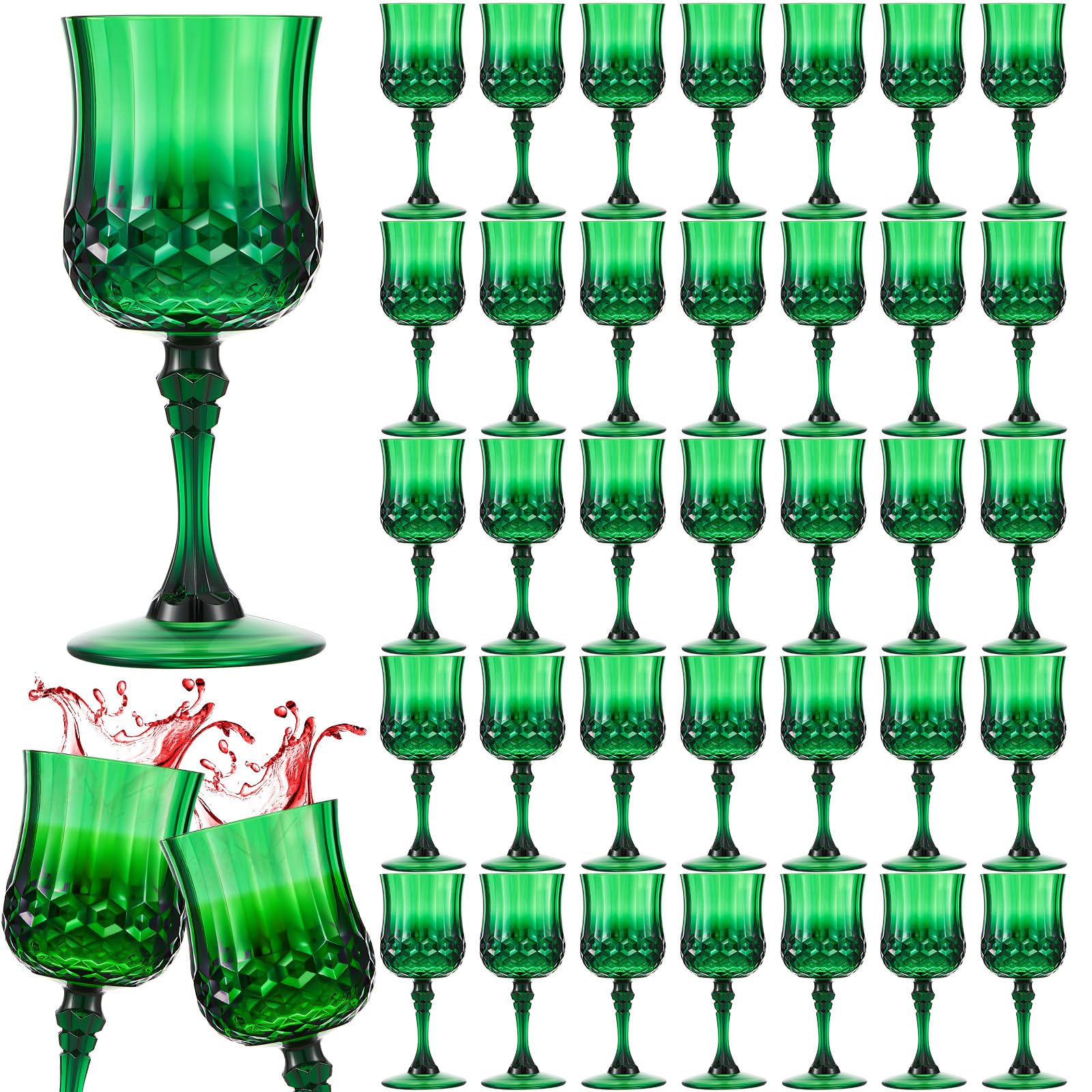 Pinkunn 50 Pcs Patterned Plastic Wine Glasses Colorful Goblet Champagne Flute Glasses Vintage Style Dishwasher Safe Drinking Glasses for Wedding, Reception, Grand Event Party Supplies (Green)