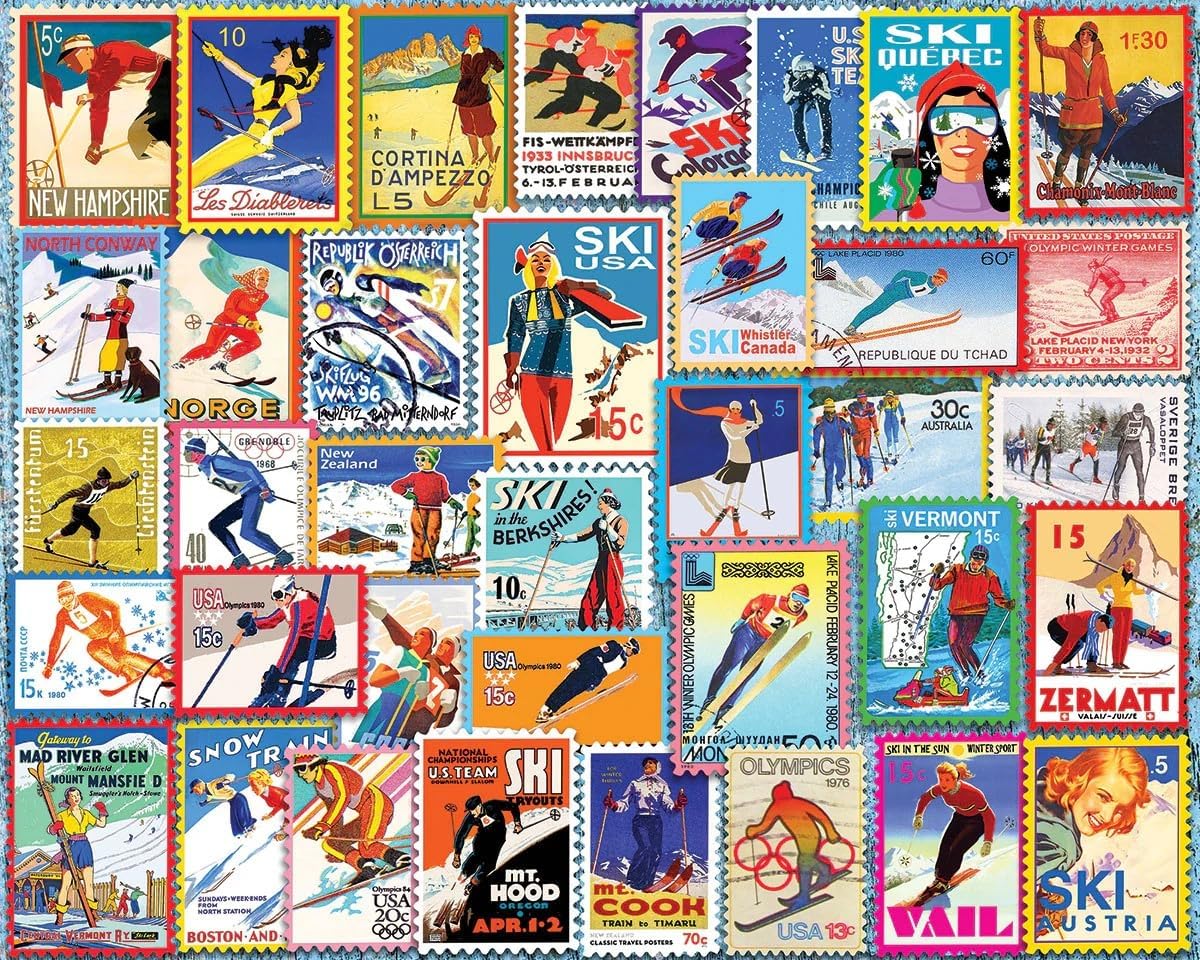 White Mountain 1000 Piece Jigsaw Puzzle Winter Christmas Holiday Puzzles for Adults and Teens 24"x30" Large Pieces - Ski Stamps