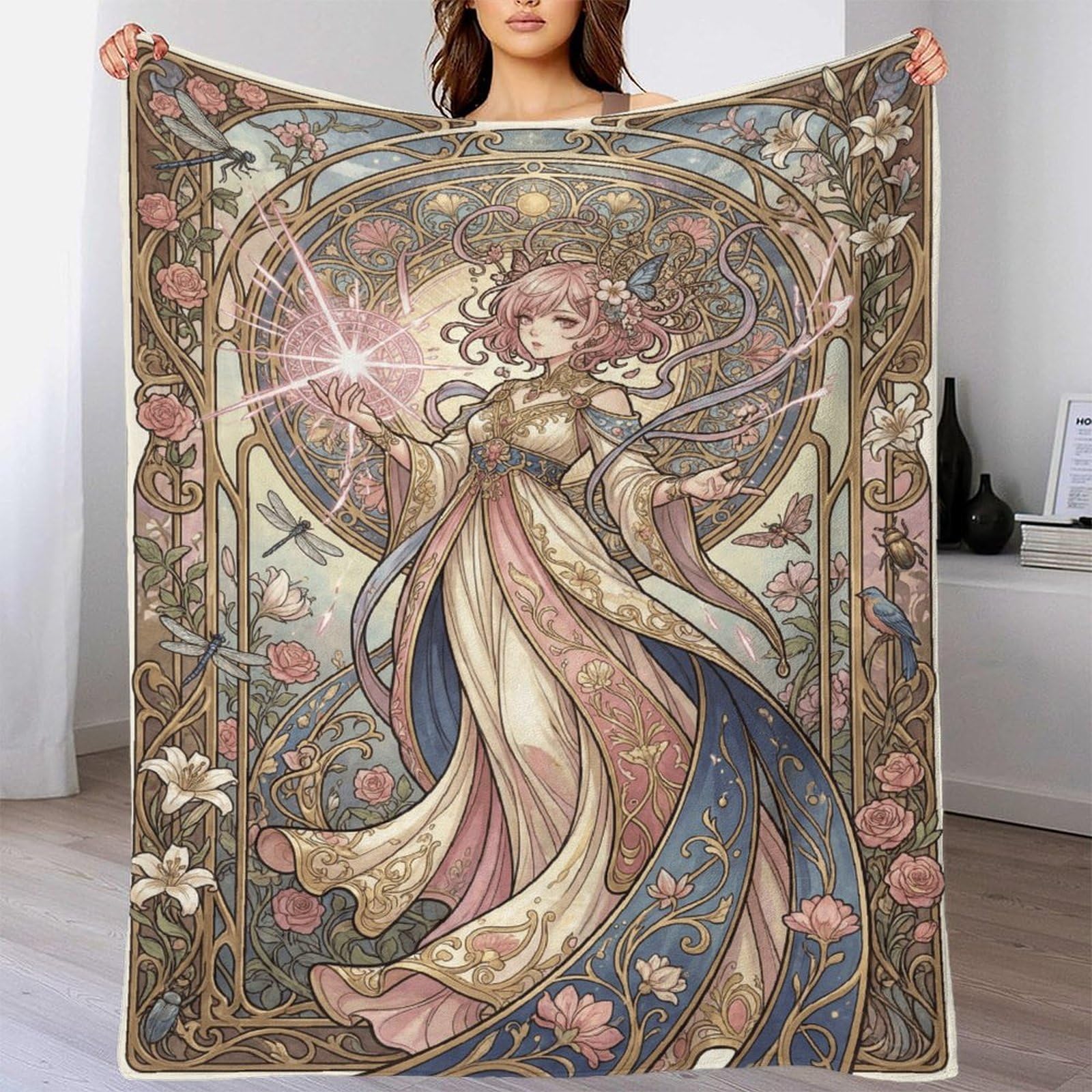 W7C8U2X3 Art Nouveau Mucha Anime Flannel Throw Blanket, Bedroom Sofa Couch