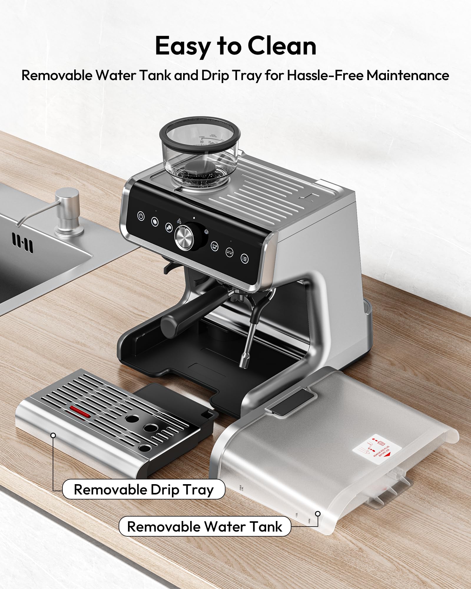 EUHOMY - Máquina espresso con molinillo, cafetera espresso profesional con 20 bares para el hogar, con espumador de leche para leche, capuchino y estilo barista