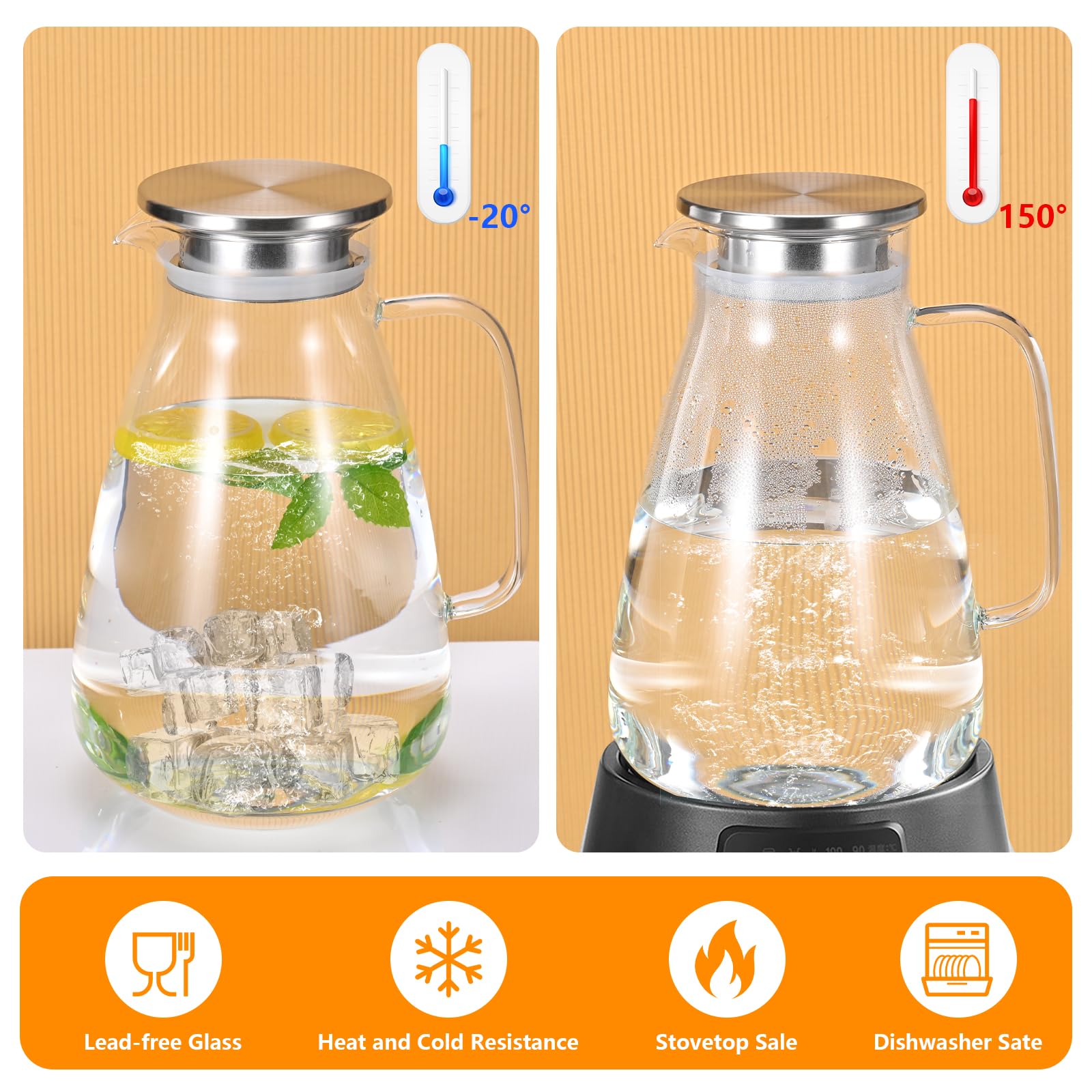 Caraffa in vetro da 2,2 litri, bollitore trasparente impermeabile con coperchio in acciaio inossidabile, bollitore sigillato e a prova di perdite, adatto per tè freddo, tè caldo, succo