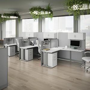 Bush Business Furniture Office in an Hour 3 Person L Shaped Cubicle Desks with Storage Drawers and Organizers
