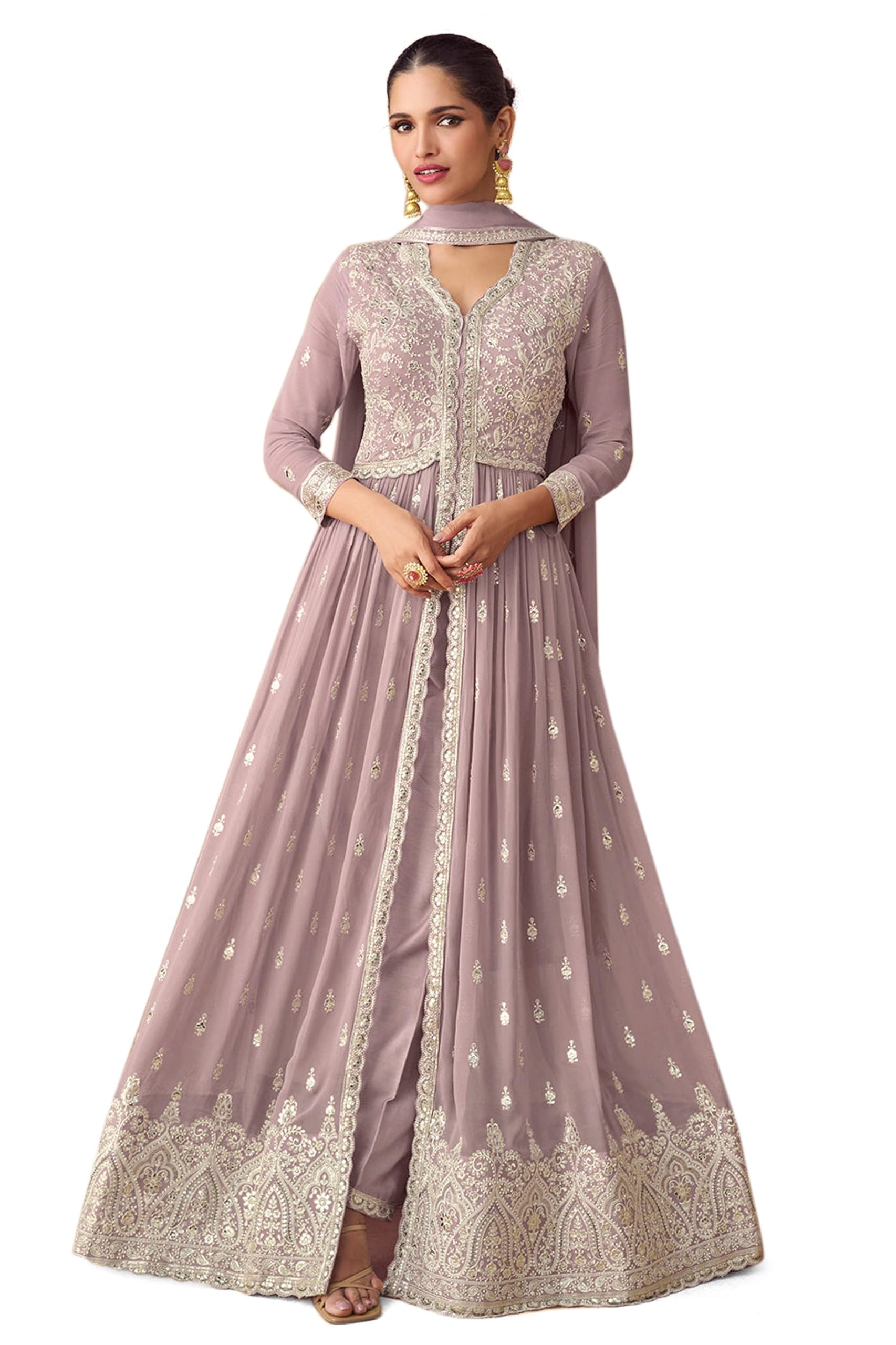 Miss Ethnik Women's Light Purple Vichitra Silk Stitched Top With Bottom and Dupatta Full Sleeve Embroidered Kurta Palazzo Set