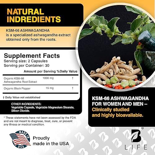 Vista 13 de Suplemento orgánico Ashwagandha KSM-66 de 1000 mg Adaptógeno para el apoyo del cortisol y alivio del estrés Ayuda para el estado de ánimo