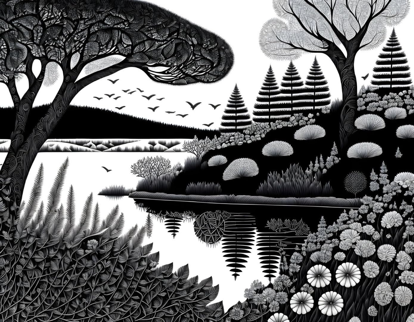 Peinture sur toile affiches d'art mural|Paysage de dessin à l'encre noir et blanc Zentangle|55x75cm Sans cadre