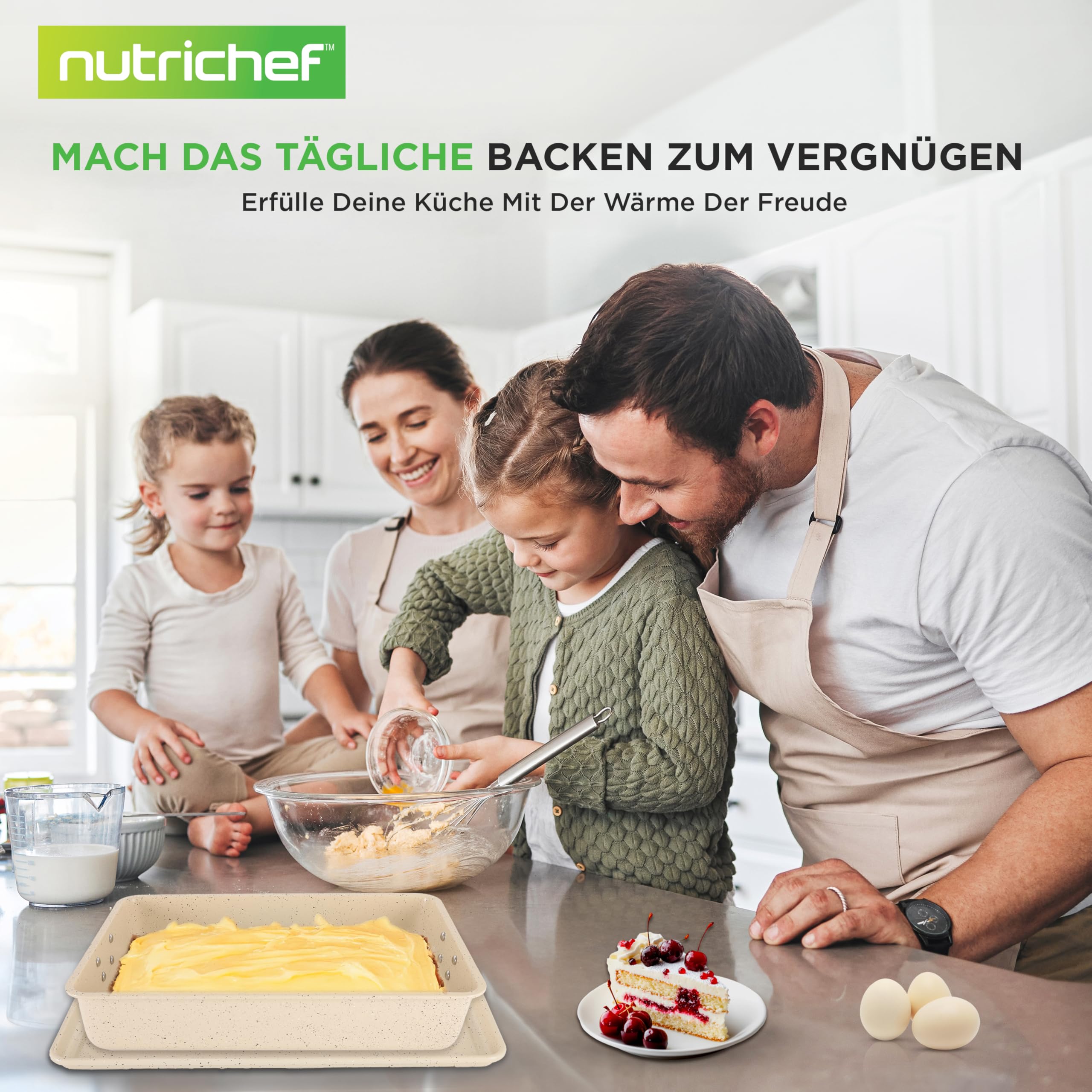 NutriChef 8-teiliges stapelbares Backformen-Set aus Karbonstahl | Antihaft, PFOA- & PFOS-frei | Ofenfest bis 232 °C Mit Backblech, Muffinform, runder, eckiger, Kasten- & tiefer Kuchenform Marmor-Crème