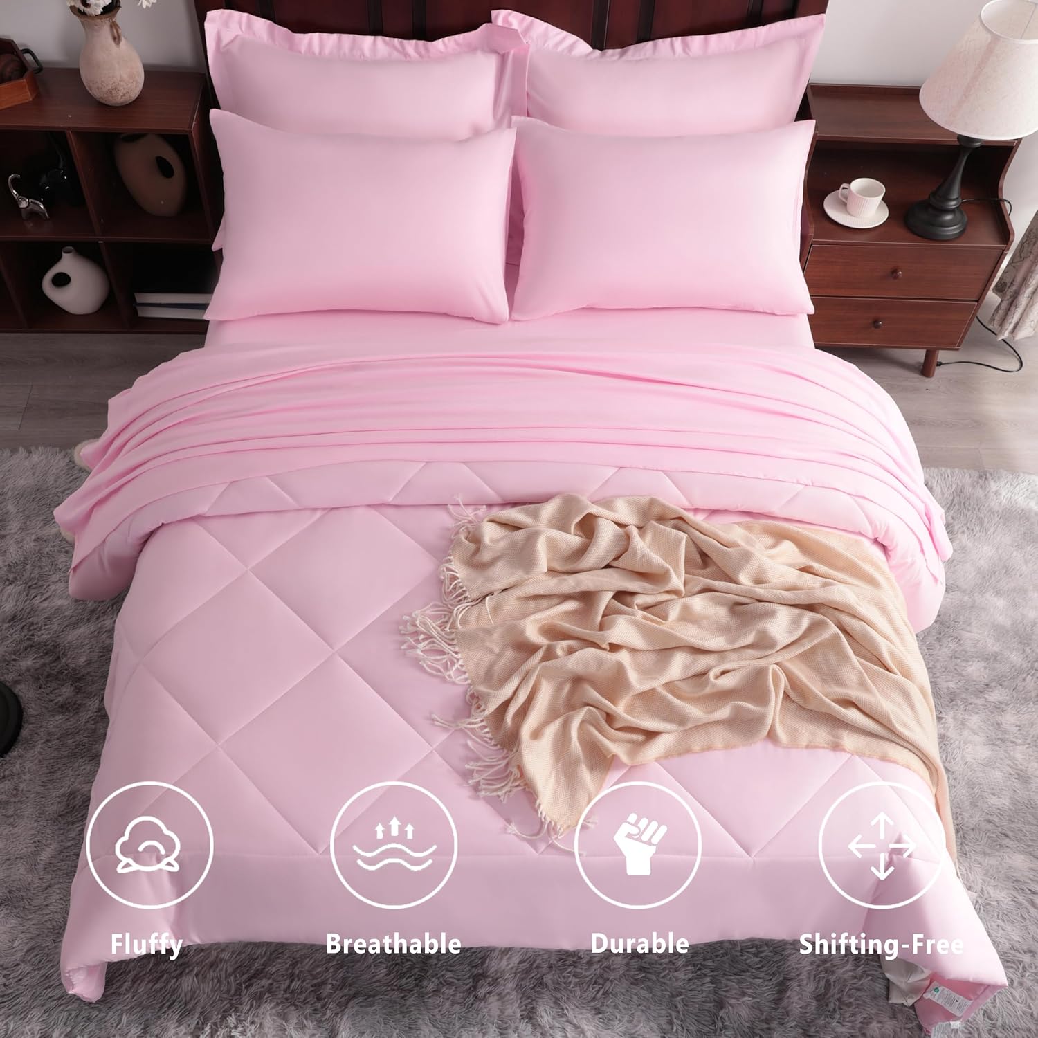 NTBAY Queen Comforter Set with Sheets, 7 Pieces Soft and Breathable Queen Bedding Set, Bed in a Bag, Down Alternative Comforter Set Solid Color All Season, Queen Bedding Set, Pink