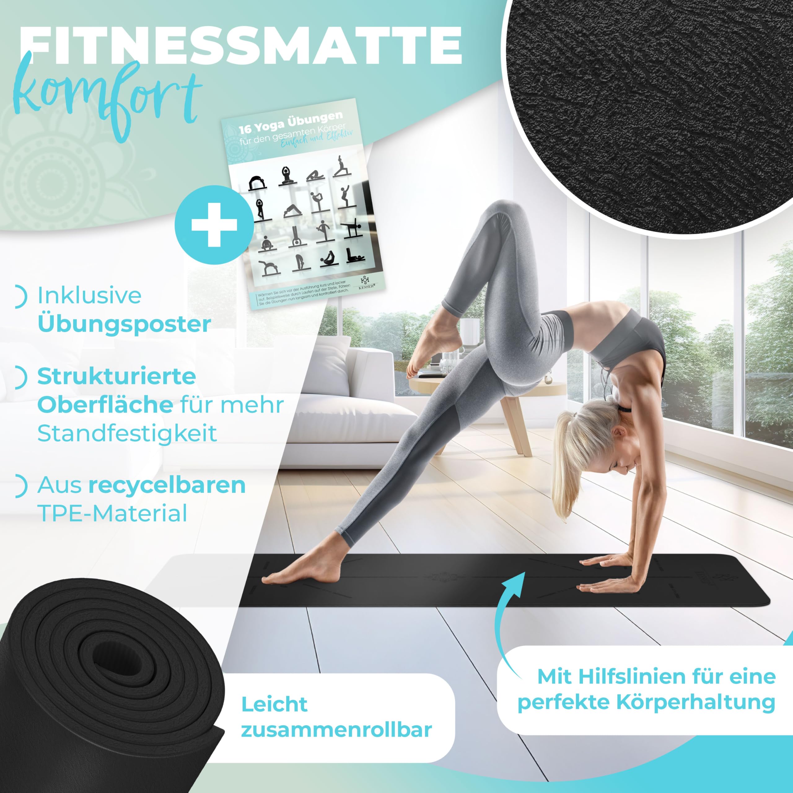 KESSER® Gymnastikmatte mit Tragegurt rutschfest TPE Yogamatte Gepolstert & rutschfest Fitnessmatte, 183 x 61 Trainingsmatte für Fitness Sportmatte, Pilates & Gymnastik Workout