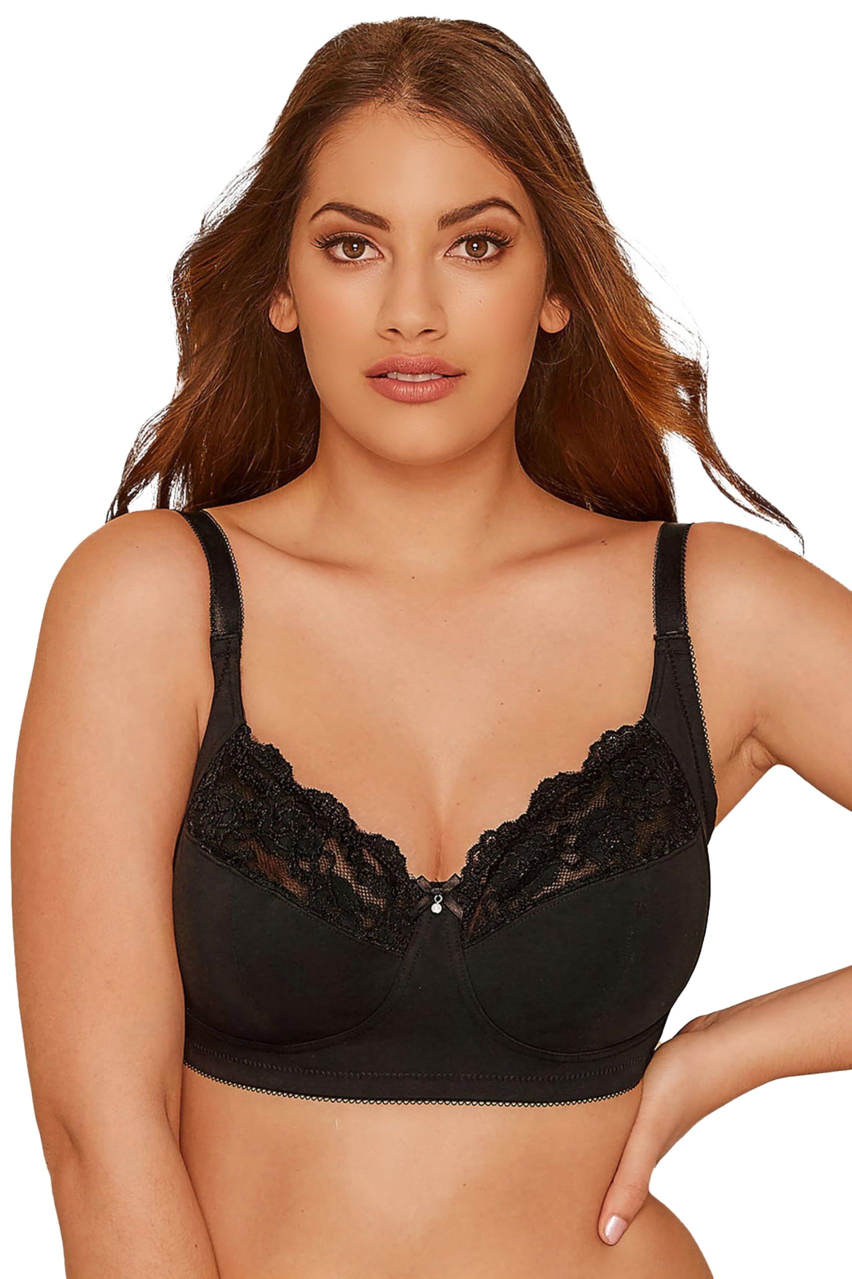 Yours Clothing Black Non Wired Cotton Lace Trim Bra, Black, Size 42C, Women