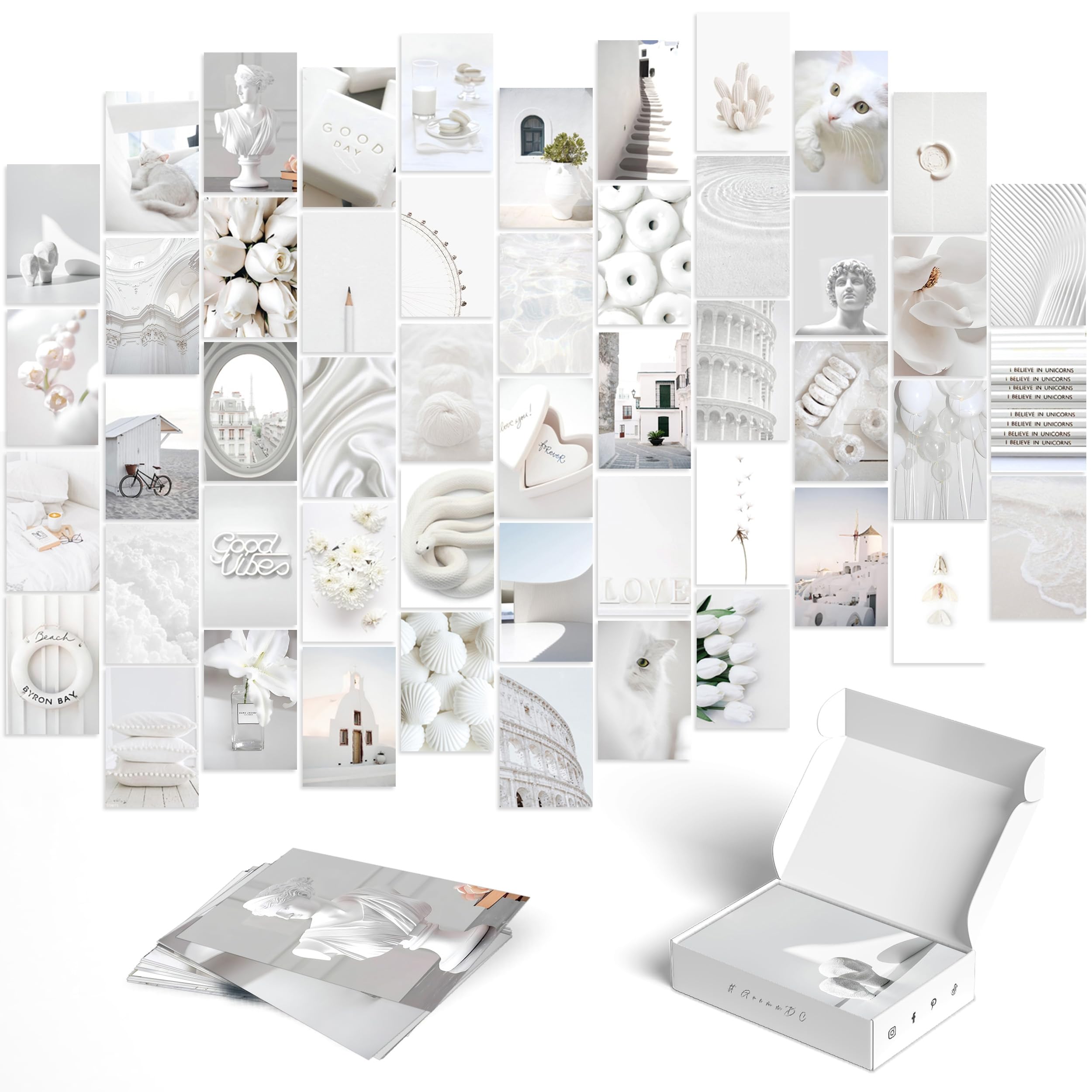 Y2K BOO Elegant White Wall Collage Kit - 50pcs Aesthetic Posters for Room Decor, Perfect Dorm and Bedroom Wall Art, Minimalist and Elegant White Collage Kit for Teen Girls