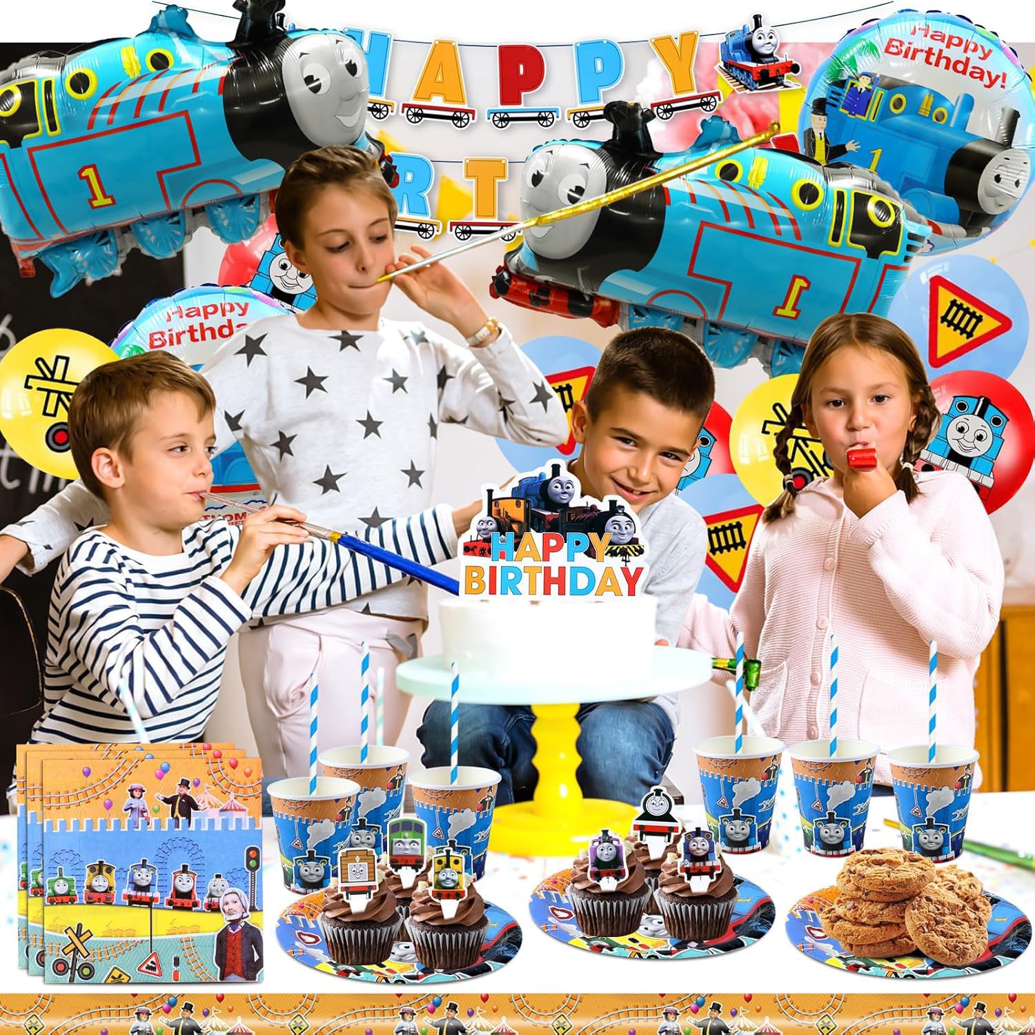 Set di 61 stoviglie Thomas per feste di compleanno per bambini, compresi piatti di carta, bicchieri, tovaglioli e tovaglie, adatte per 20 compleanni per bambini