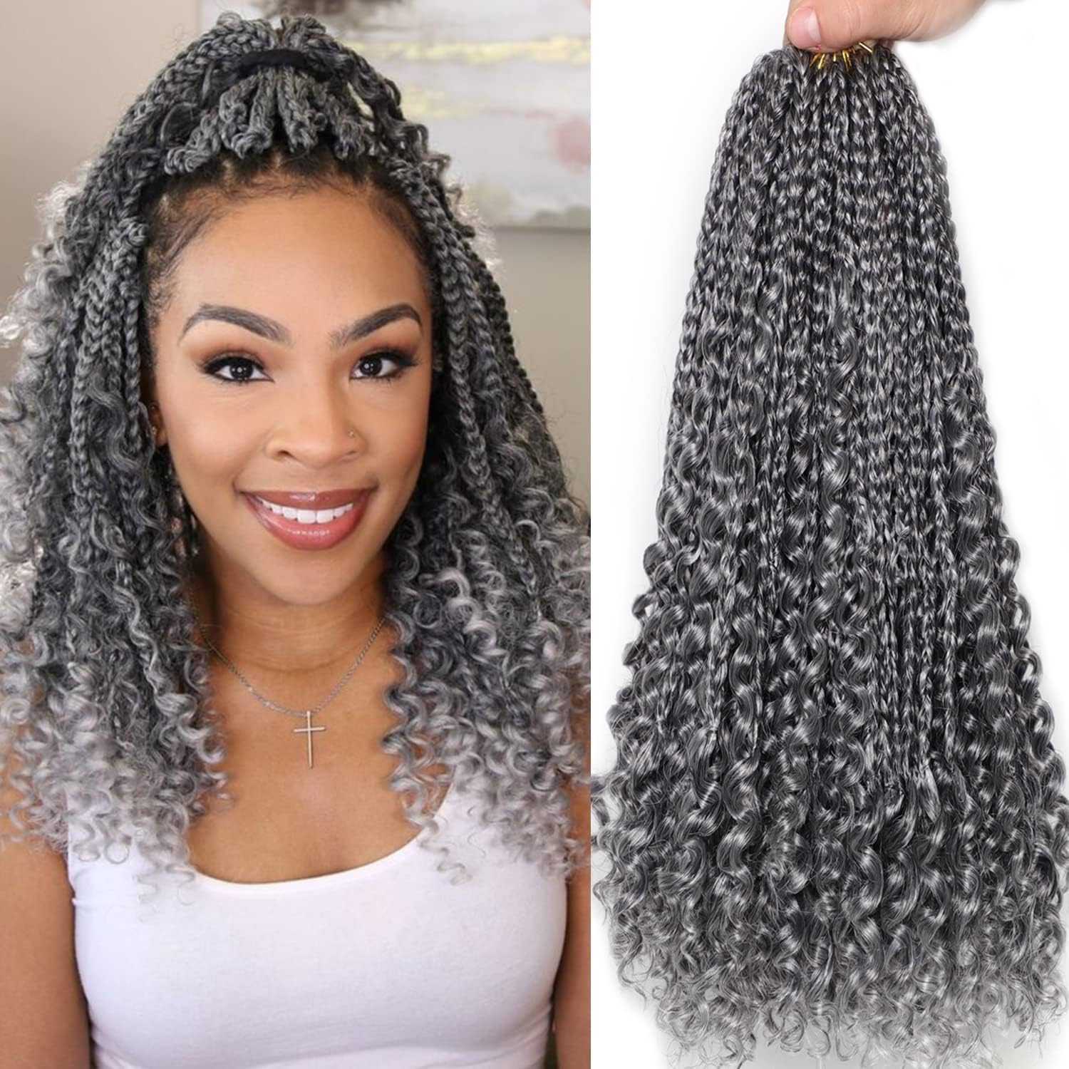 Grey Crochet Hair for Black Women 14 Inch 7 Packs Boho Box Braids Pre Twisted Twist Synthetic Crochet Hair with Curly Ends Goddess Braiding Hair(14