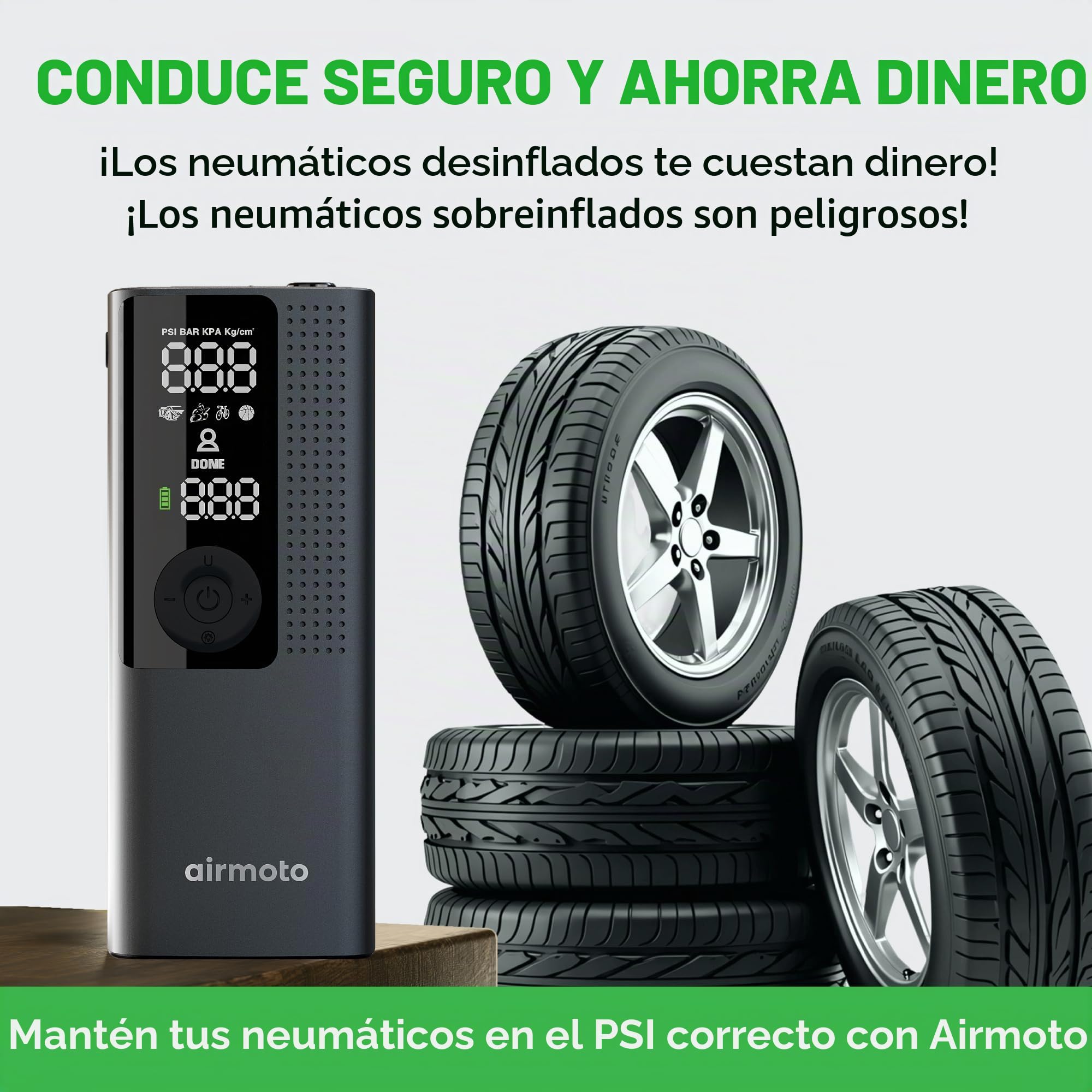 Airmoto La bomba de aire portátil original, 120 PSI compresor de aire inflador de neumáticos – se adapta a neumáticos de coche, camión y motocicleta – Medidor de presión digital, bomba compacta