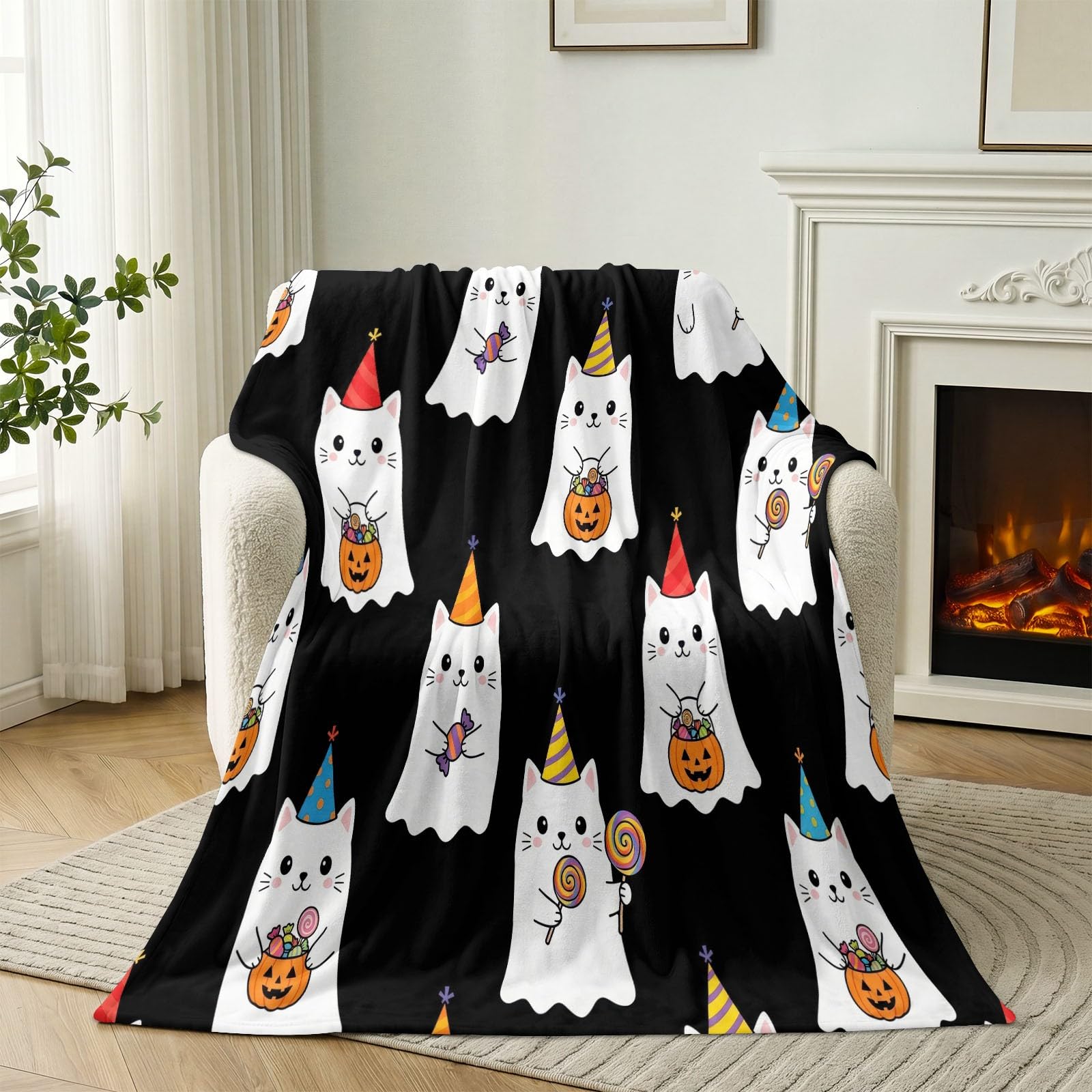 Koc flanelowy dla dzieci, na Halloween, 150 x 200 cm, miękki, pluszowy koc dla nastolatków, dorosłych, z kreskówki, kota, ducha, dyni, lampiona, wiadro, do sypialni, czarny, dekoracyjny koc polarowy