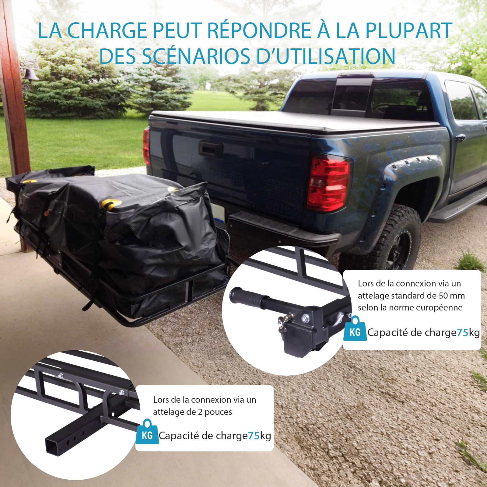 Porte-Bagages arrière pour attelage 120×61×15 cm, Porte-Charge arrière, Compatible attelage remorque, pour ATV/Quad, Voiture et SUV